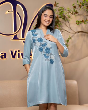 V-Neckband Embroidery Detail Short Dress