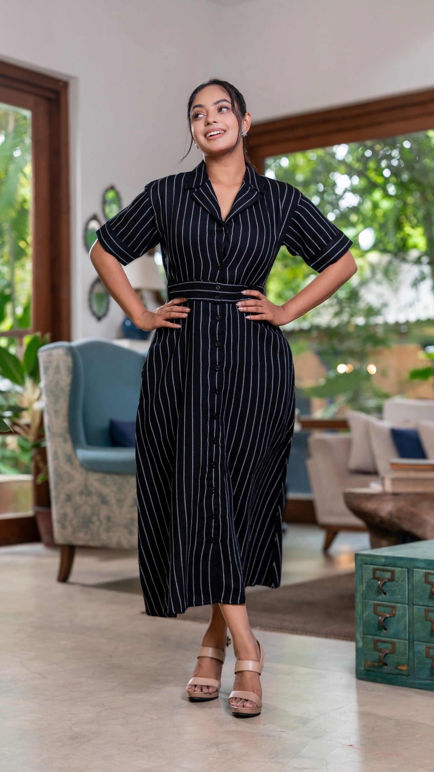 Striped Fabric Lapel Collar Maxi Dress - Image 2