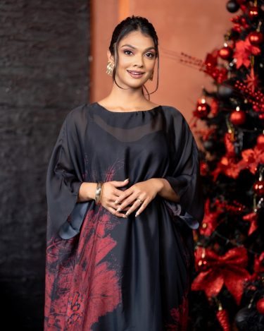 Leaf Patterned High-Low Hem Midi Dress