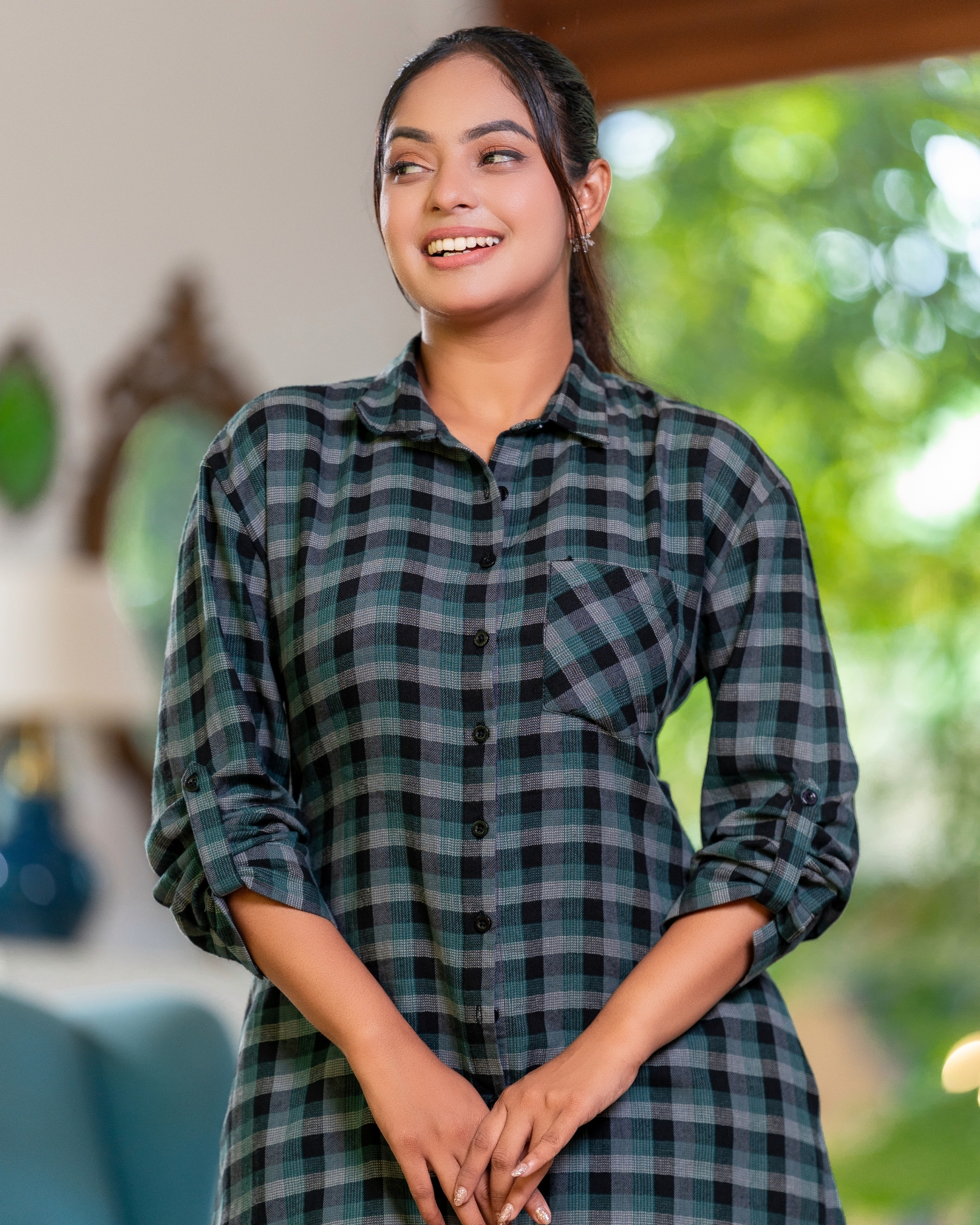 Pocket Detail Check Short Dress