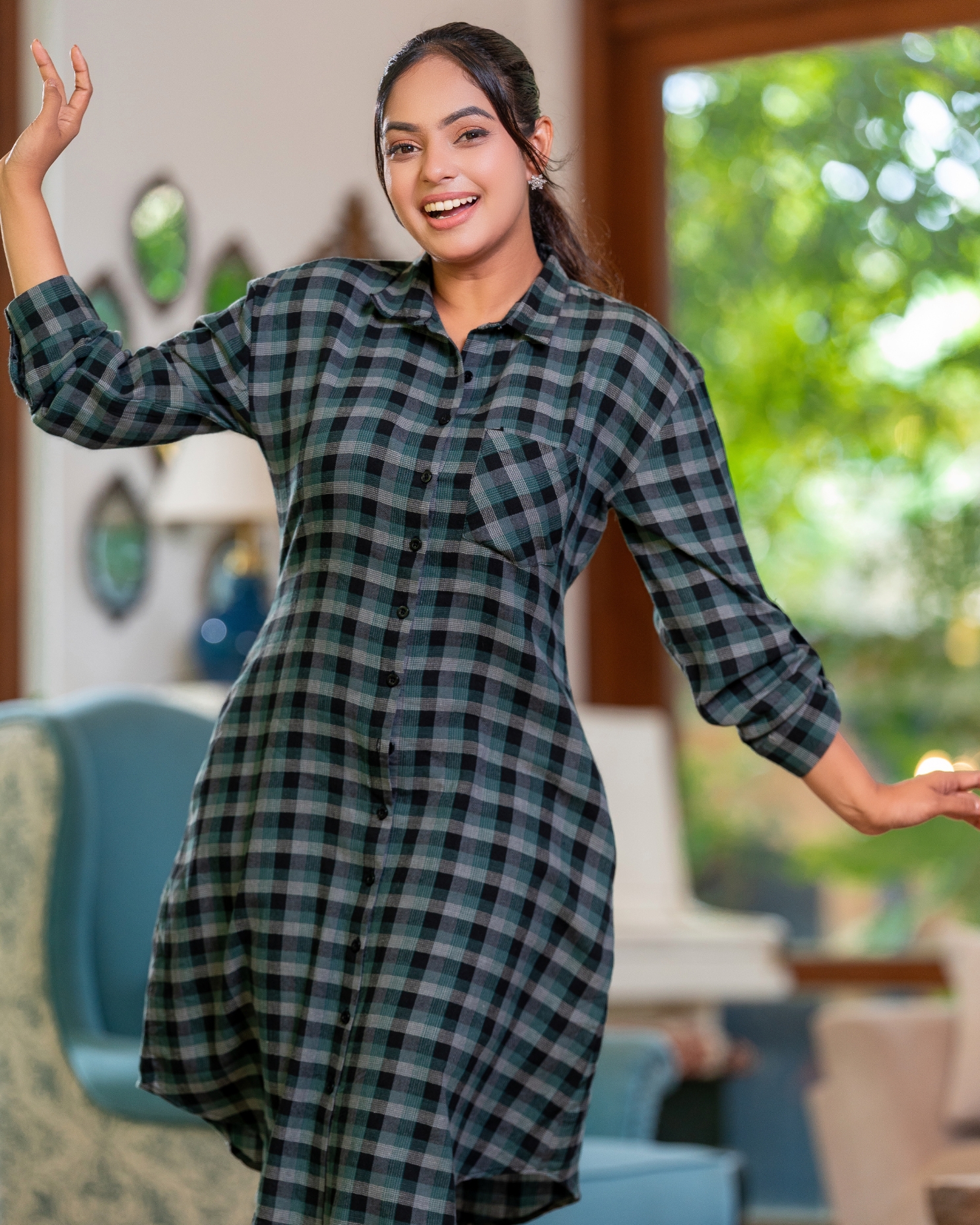 Pocket Detail Check Short Dress - Image 3