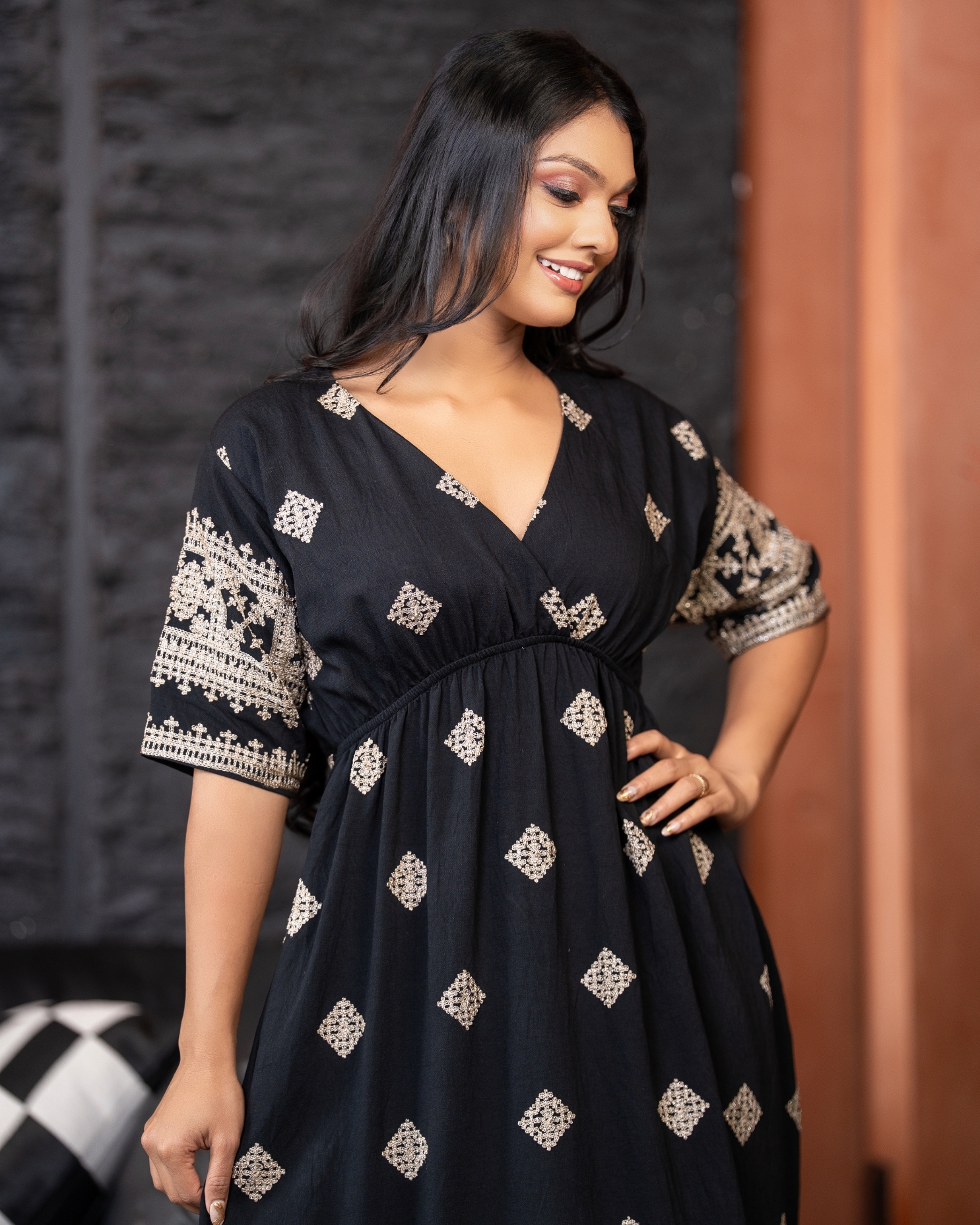 Metallic Embroidered Empire Waist Detail Maxi Dress