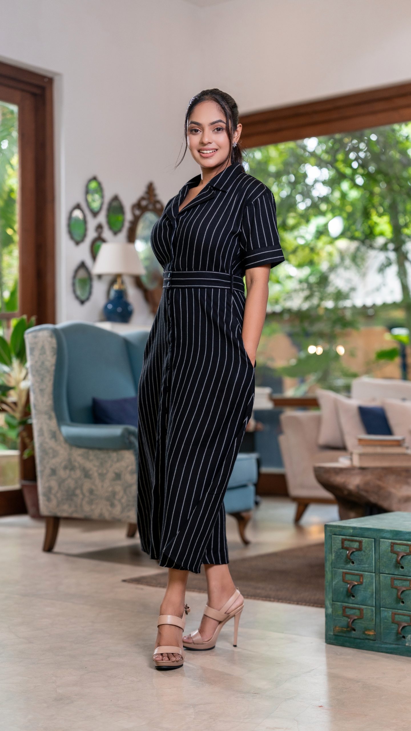 Striped Fabric Lapel Collar Maxi Dress - Image 5