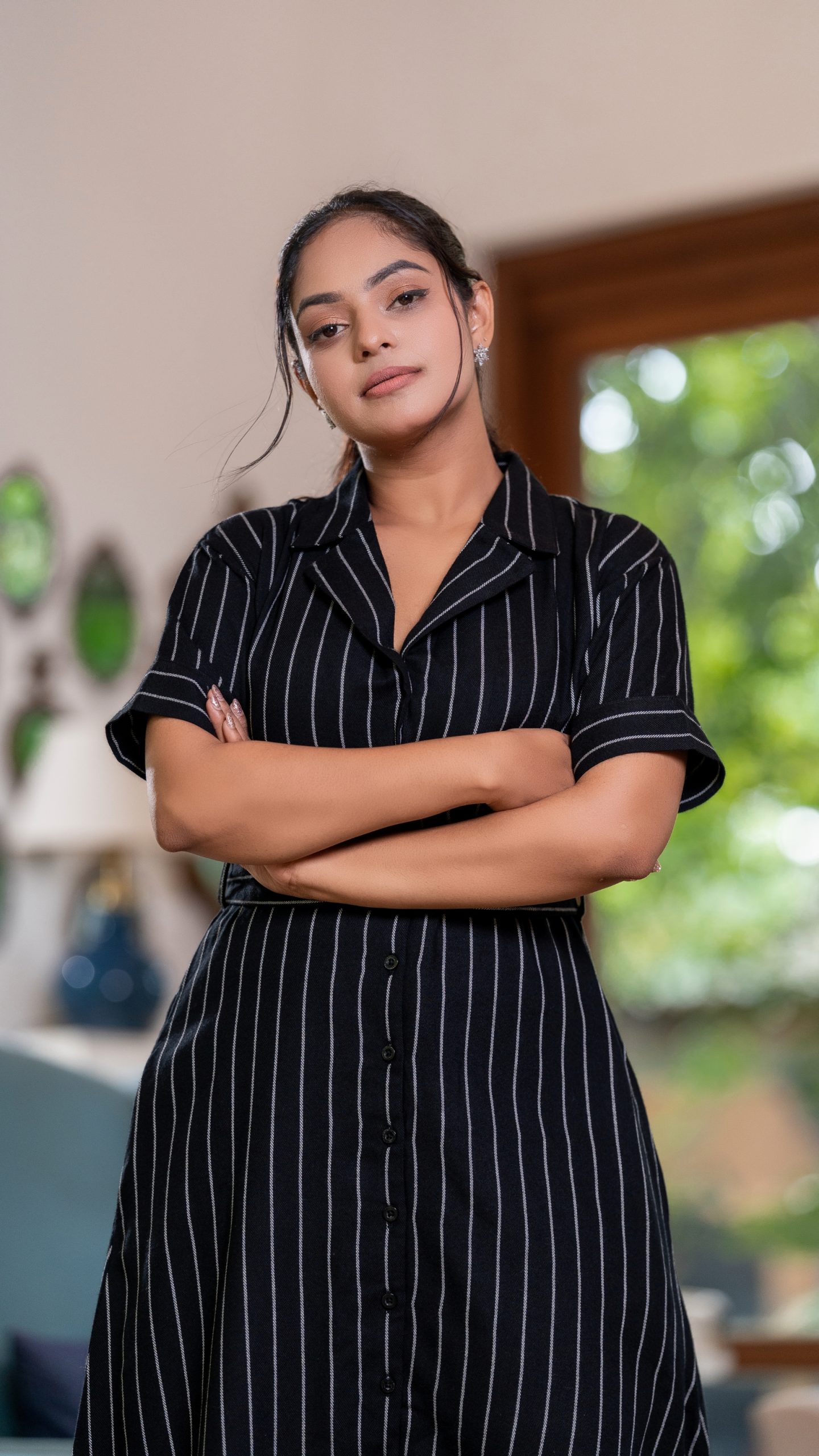 Striped Fabric Lapel Collar Maxi Dress