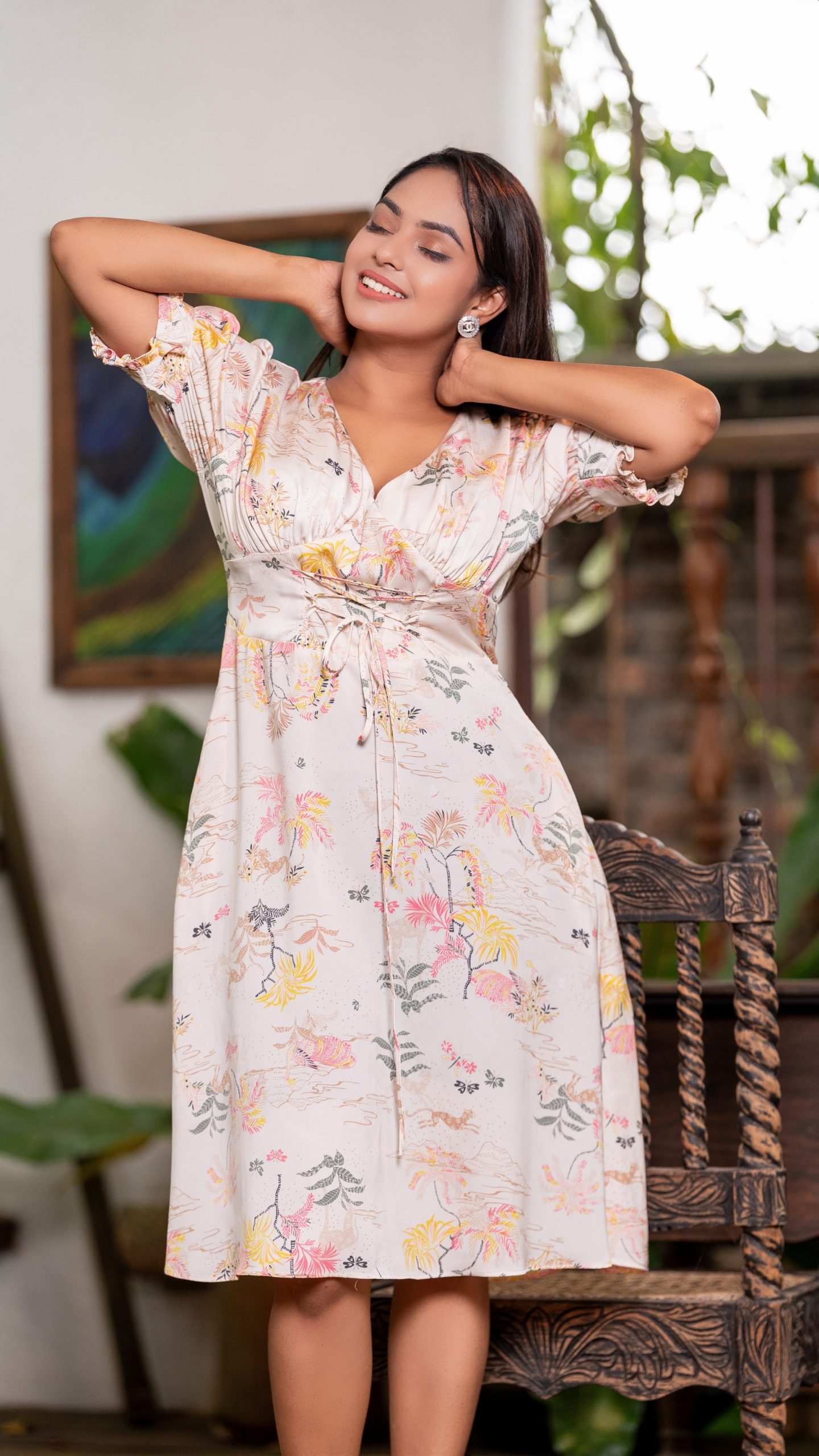 Botanical Printed Tie-Up Detail Short Dress - Image 2