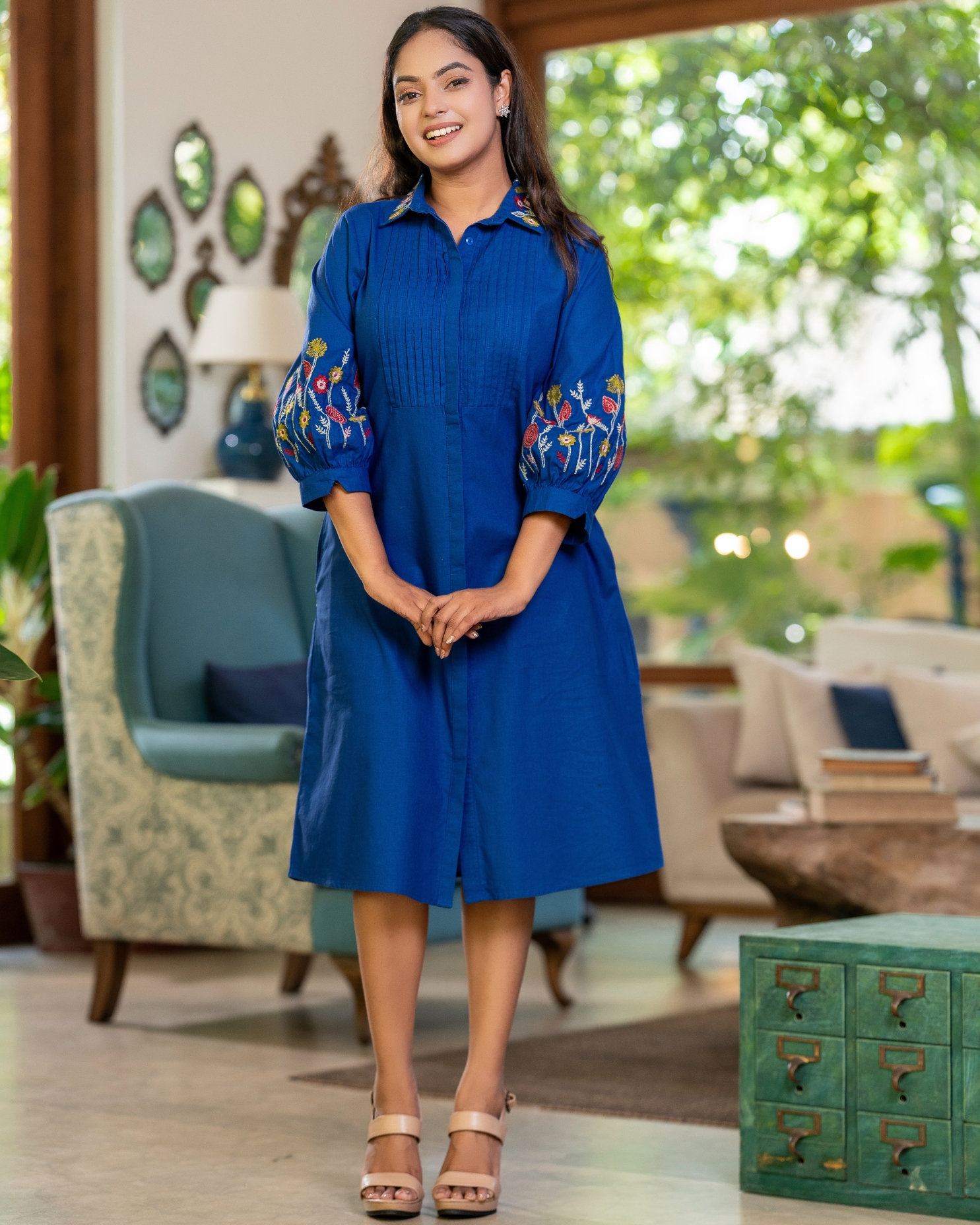 Floral Embroidered Pintuck Detail Short Shirt Dress - Image 3