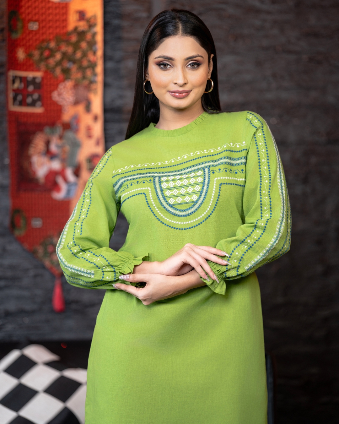 Pleated Collar Puff Sleeve Embroidered Short Dress