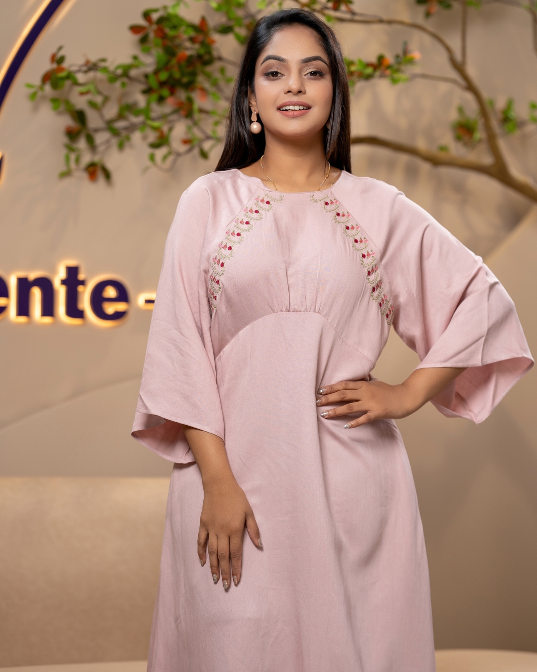 Raglan Sleeve Floral Embroidered Midi Dress