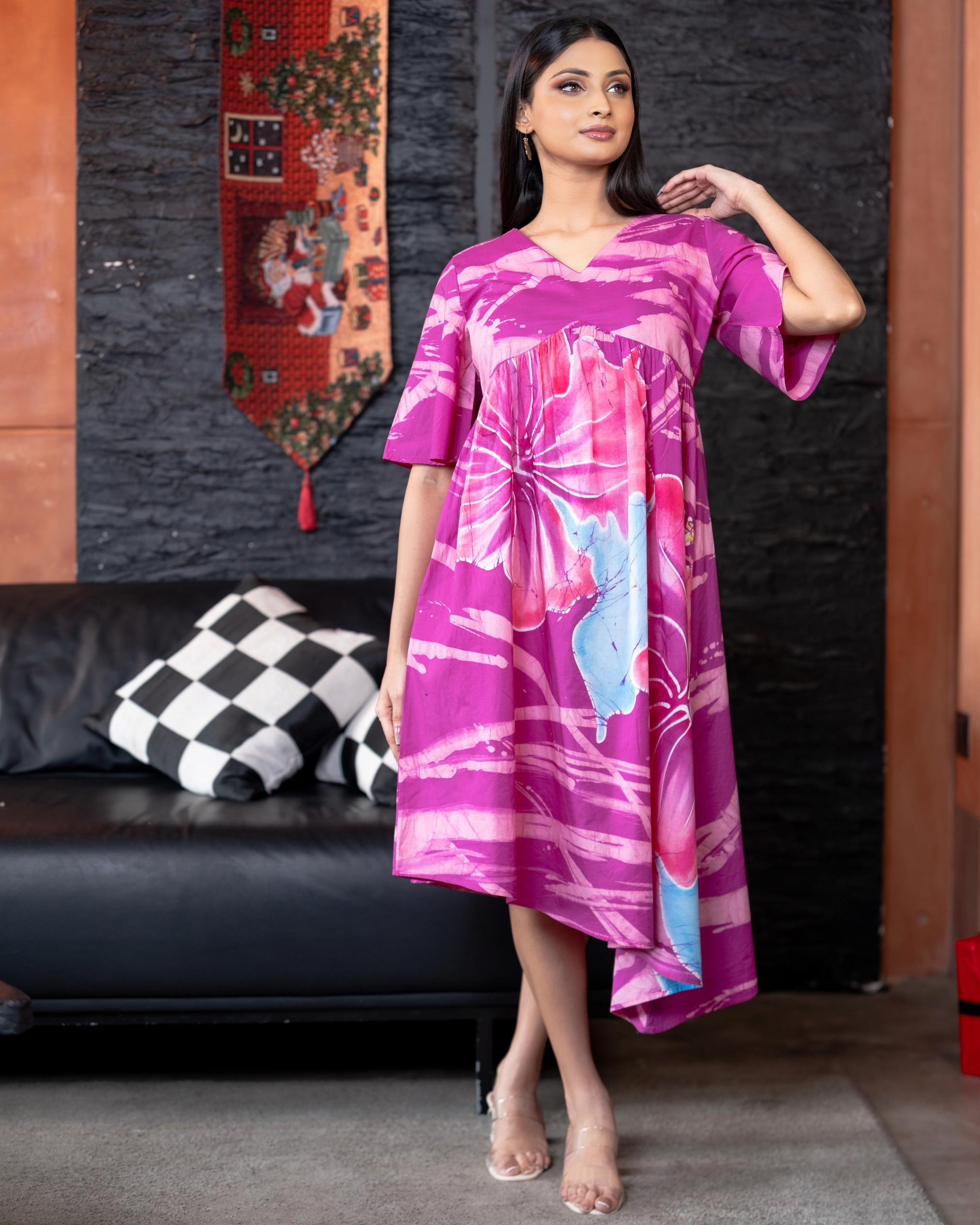 Floral Patterned High-Low Hem Batik Midi Dress - Image 4