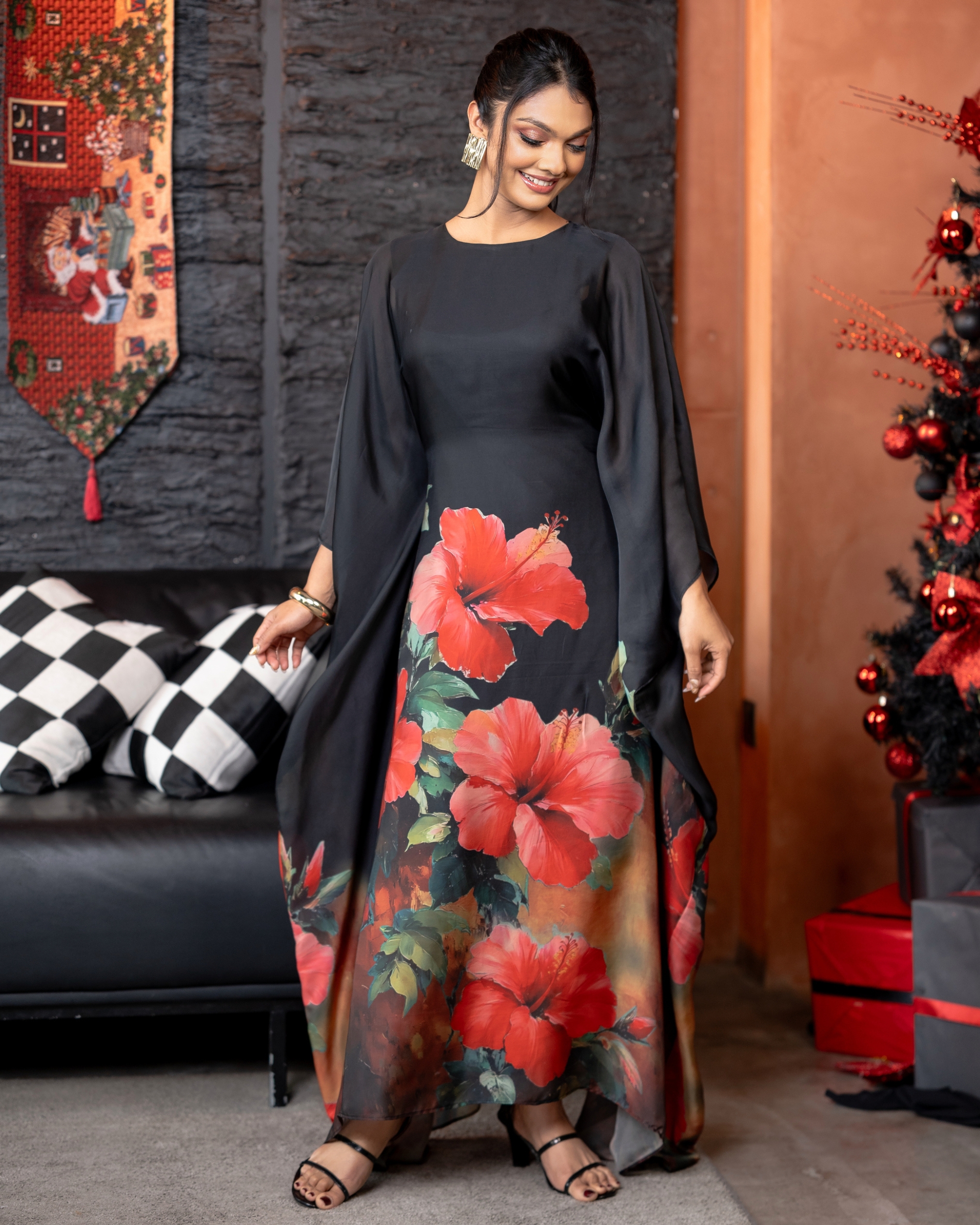 Floral Patterned Tie-Up Detail Maxi Kaftan Dress - Image 6