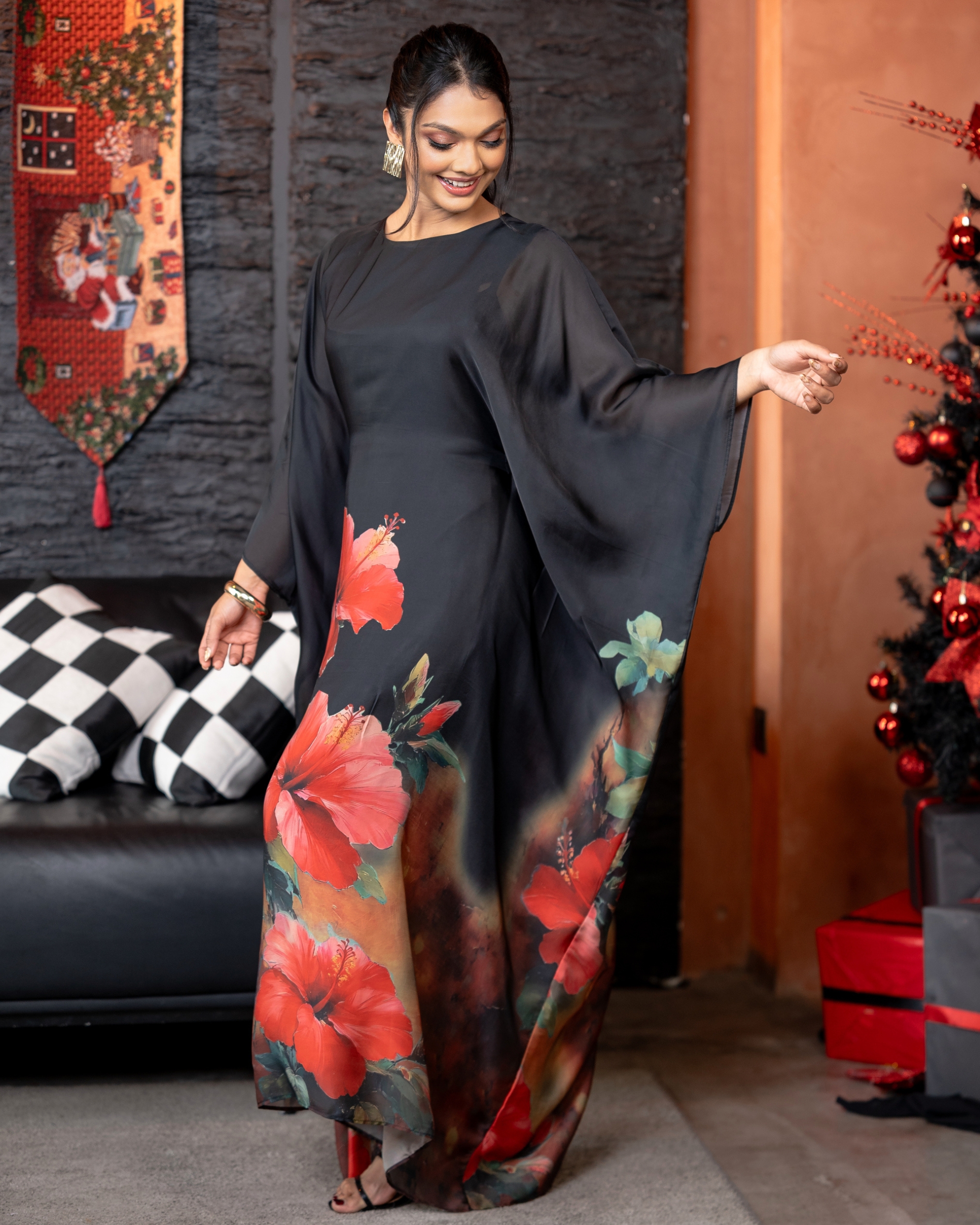 Floral Patterned Tie-Up Detail Maxi Kaftan Dress - Image 5