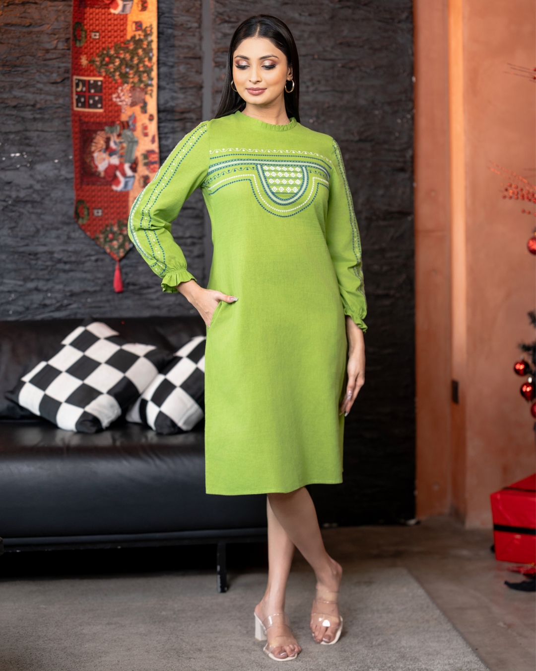 Pleated Collar Puff Sleeve Embroidered Short Dress - Image 4