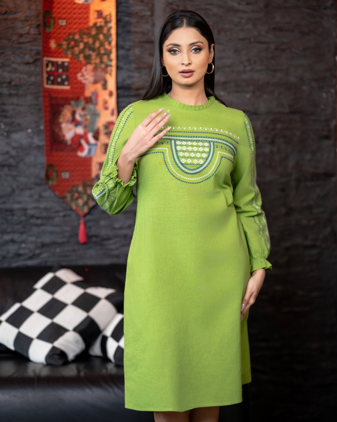 Pleated Collar Puff Sleeve Embroidered Short Dress - Image 5