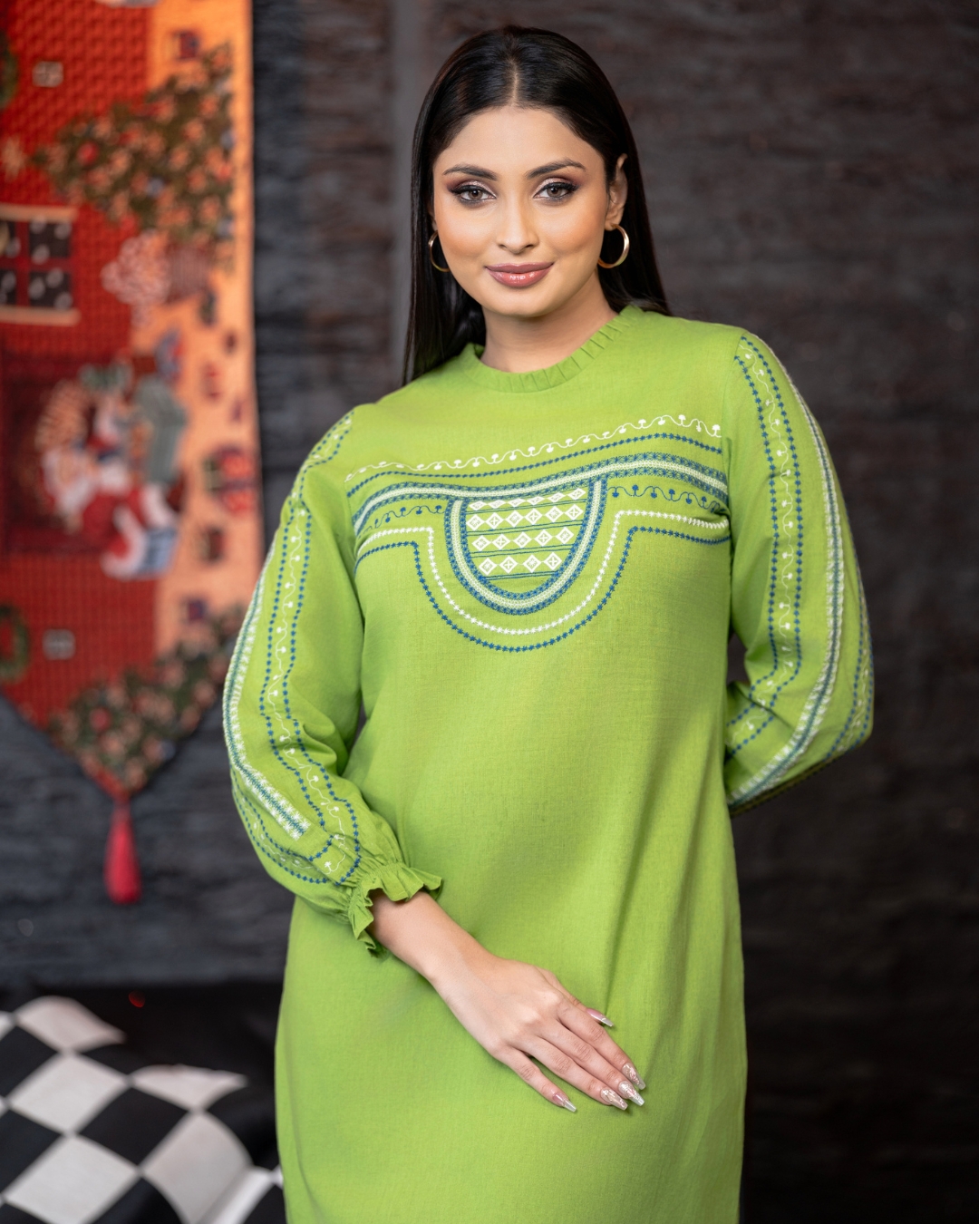 Pleated Collar Puff Sleeve Embroidered Short Dress - Image 2