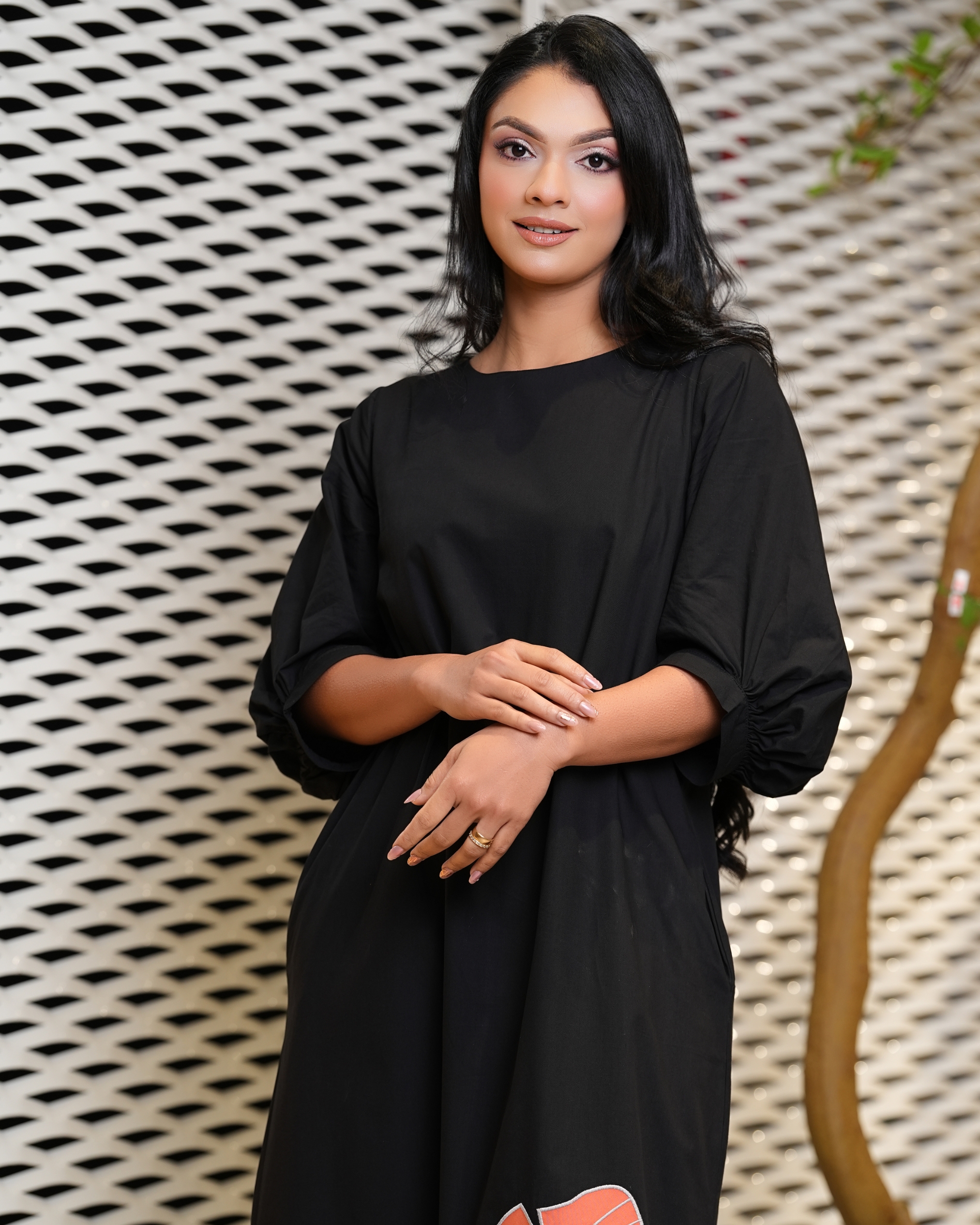 Leaf Applique Detail Puff Sleeve Maxi Dress