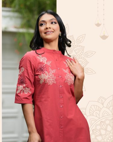 Button-Down Embroidery Asymetrical Kurta Top and Pant Set