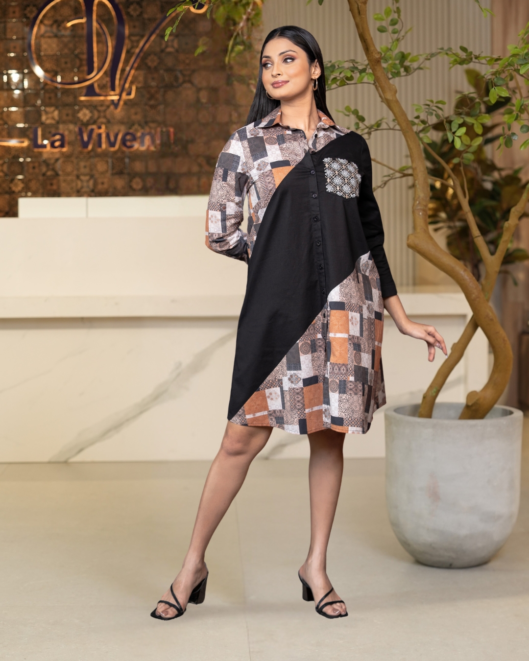 Pocket Embroidery Detail Colourblock Short Shirt Dress - Image 4