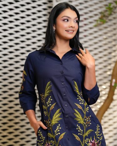 Floral Embroidery Detail Short Shirt Dress