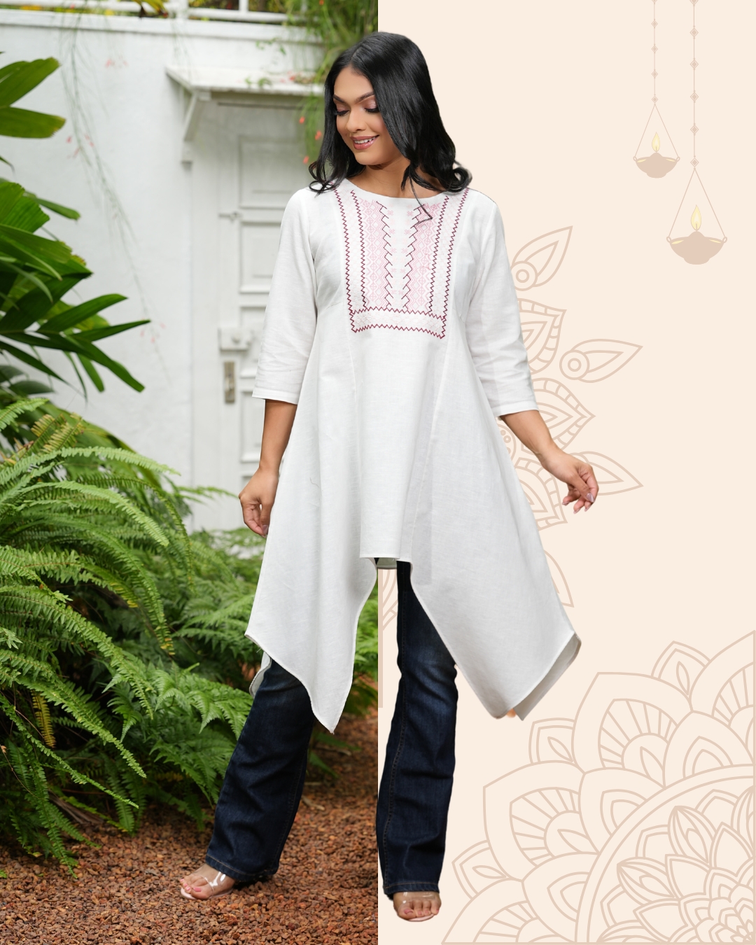 Asymetrical Hem Round Neck Embroidery Kurta Top - Image 5