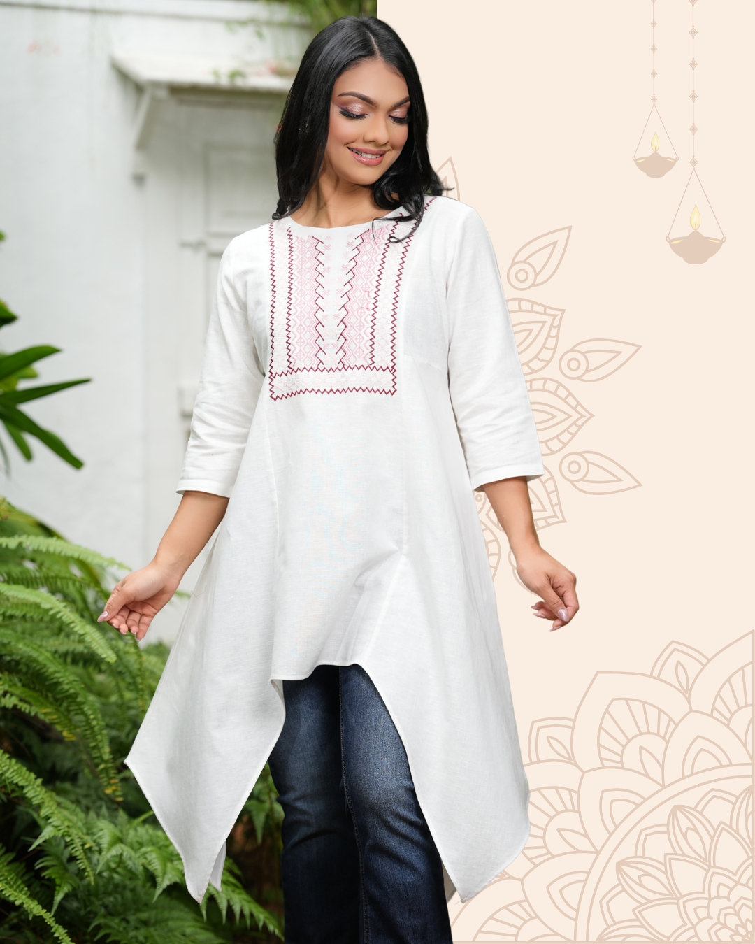 Asymetrical Hem Round Neck Embroidery Kurta Top - Image 3