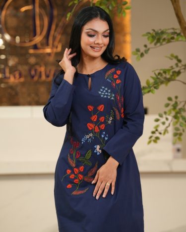 Embroidered Front Button Detail Midi Dress