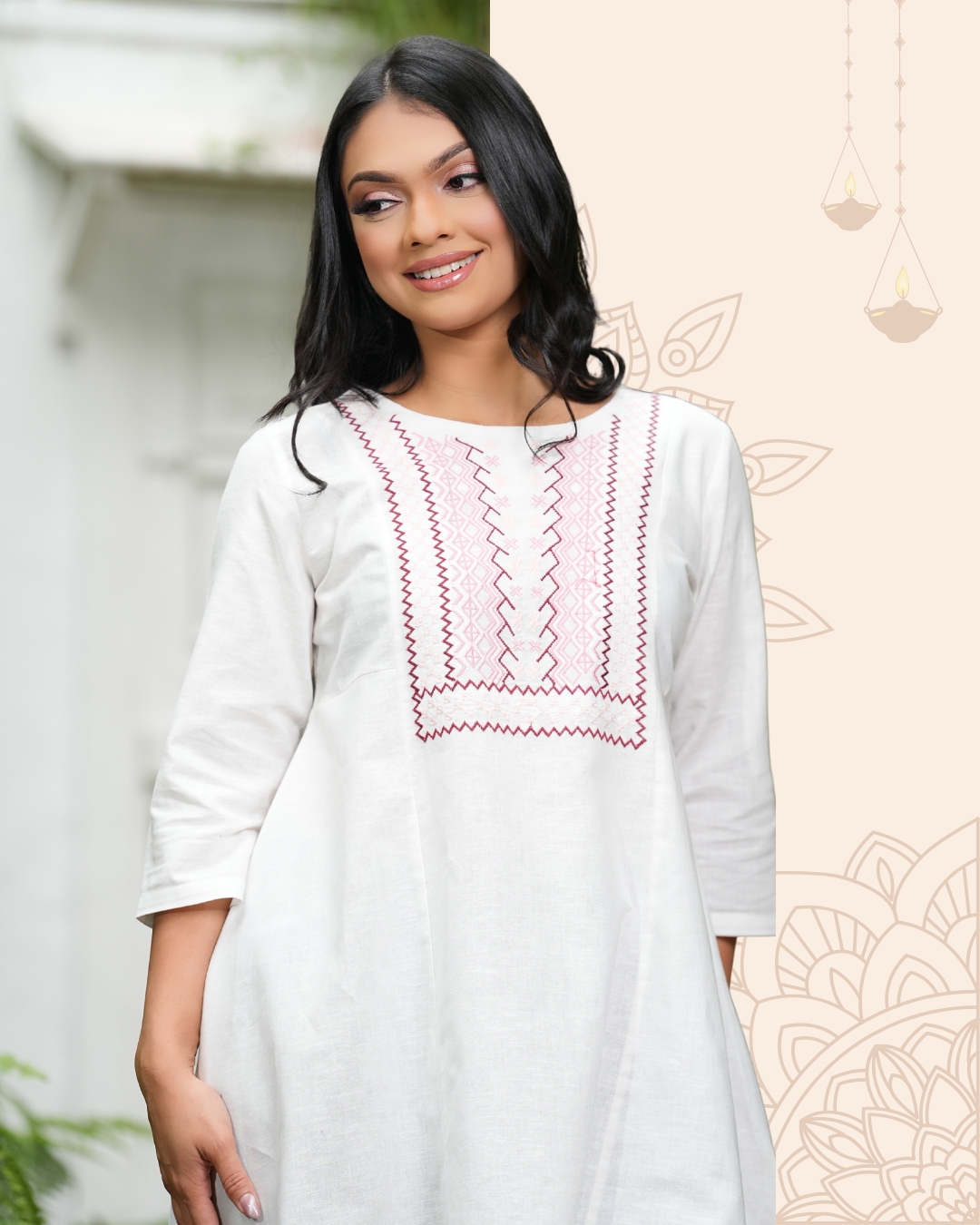Asymetrical Hem Round Neck Embroidery Kurta Top