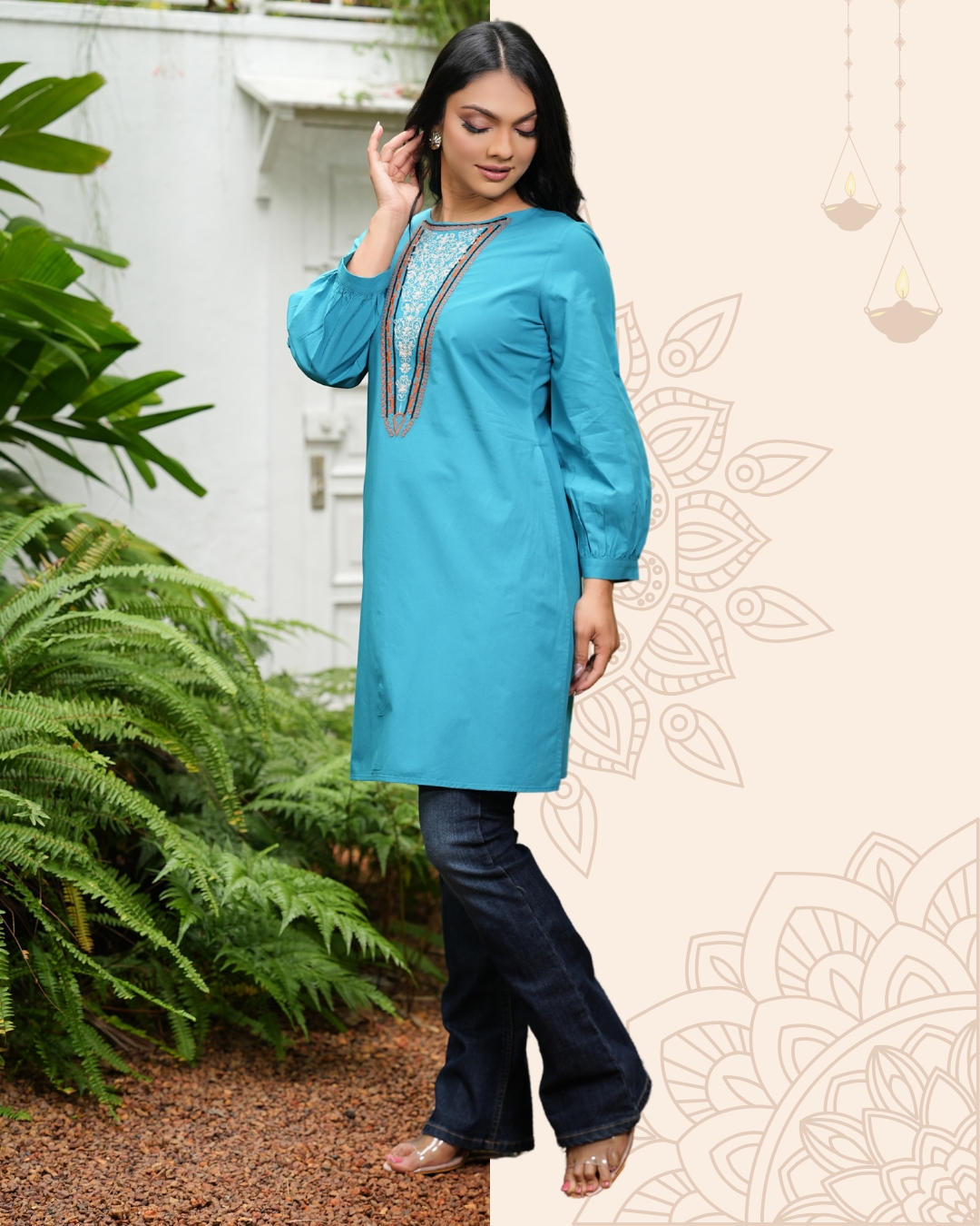 Round Neck Embroidery Gathered Sleeve Detail Kurta Top - Image 3