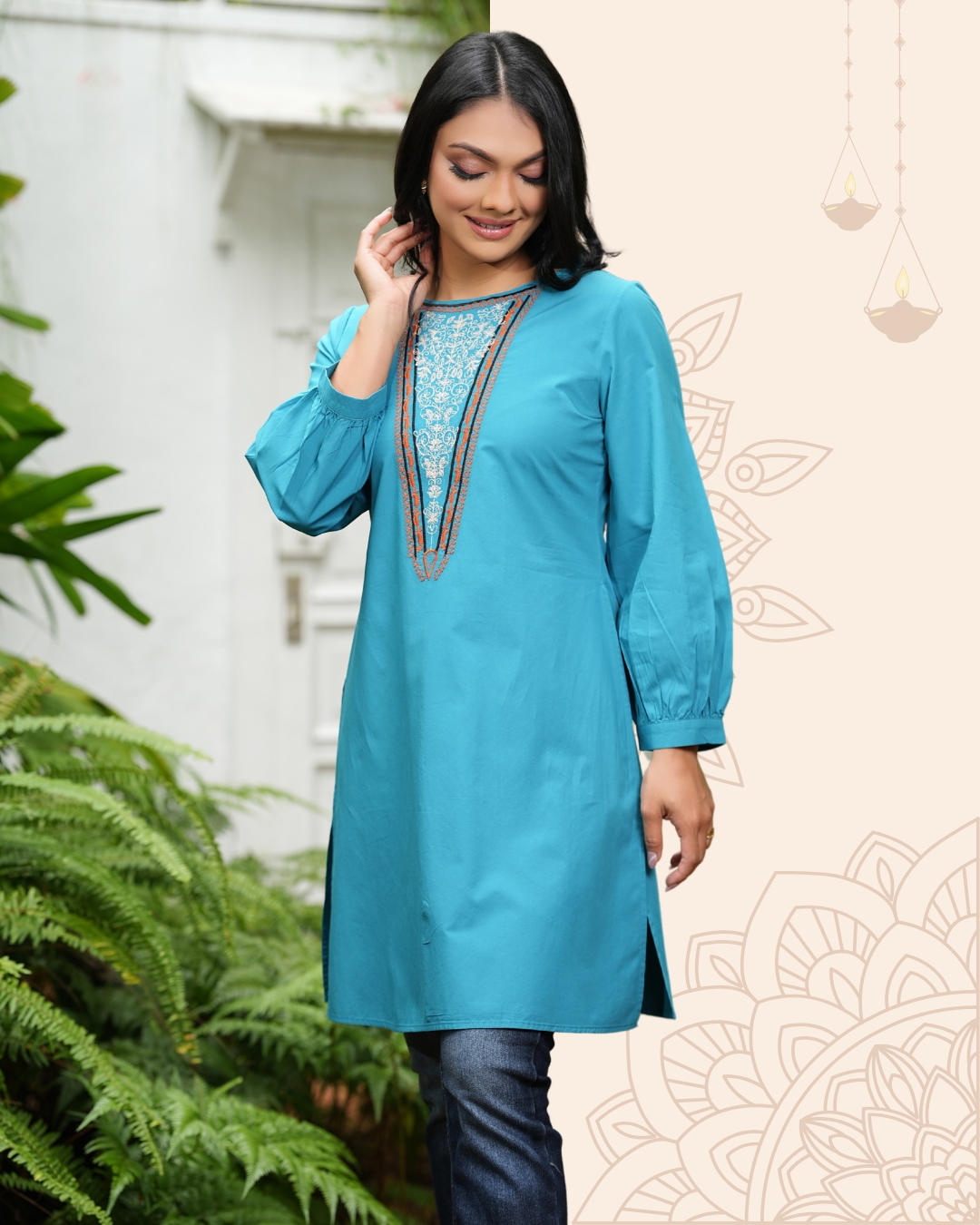 Round Neck Embroidery Gathered Sleeve Detail Kurta Top - Image 2