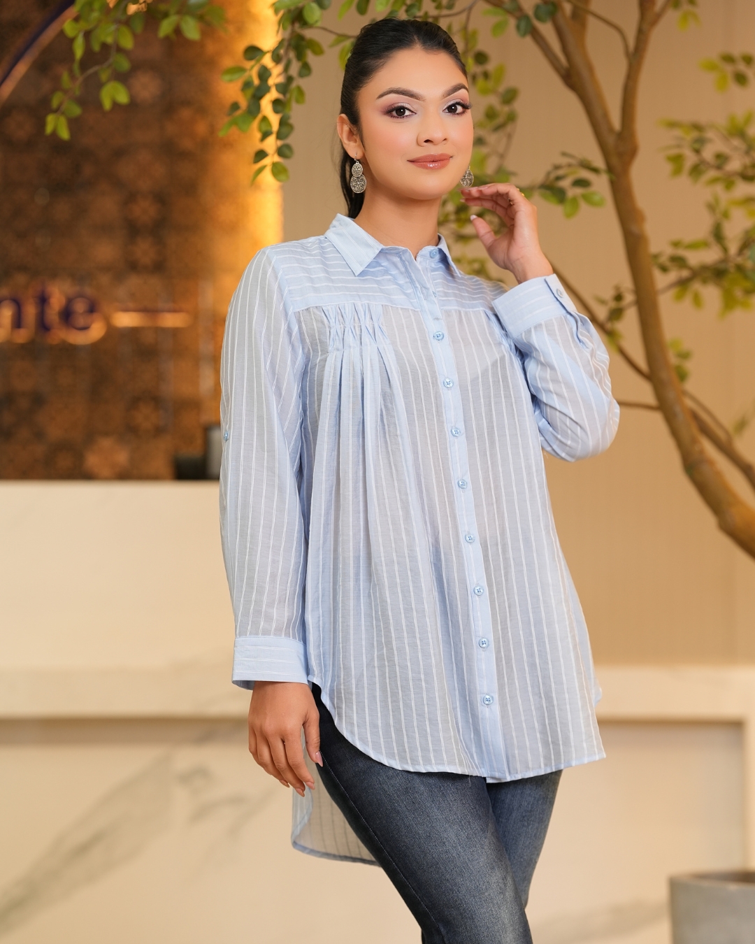 Pintuck Detail Stripe Shirt Blouse