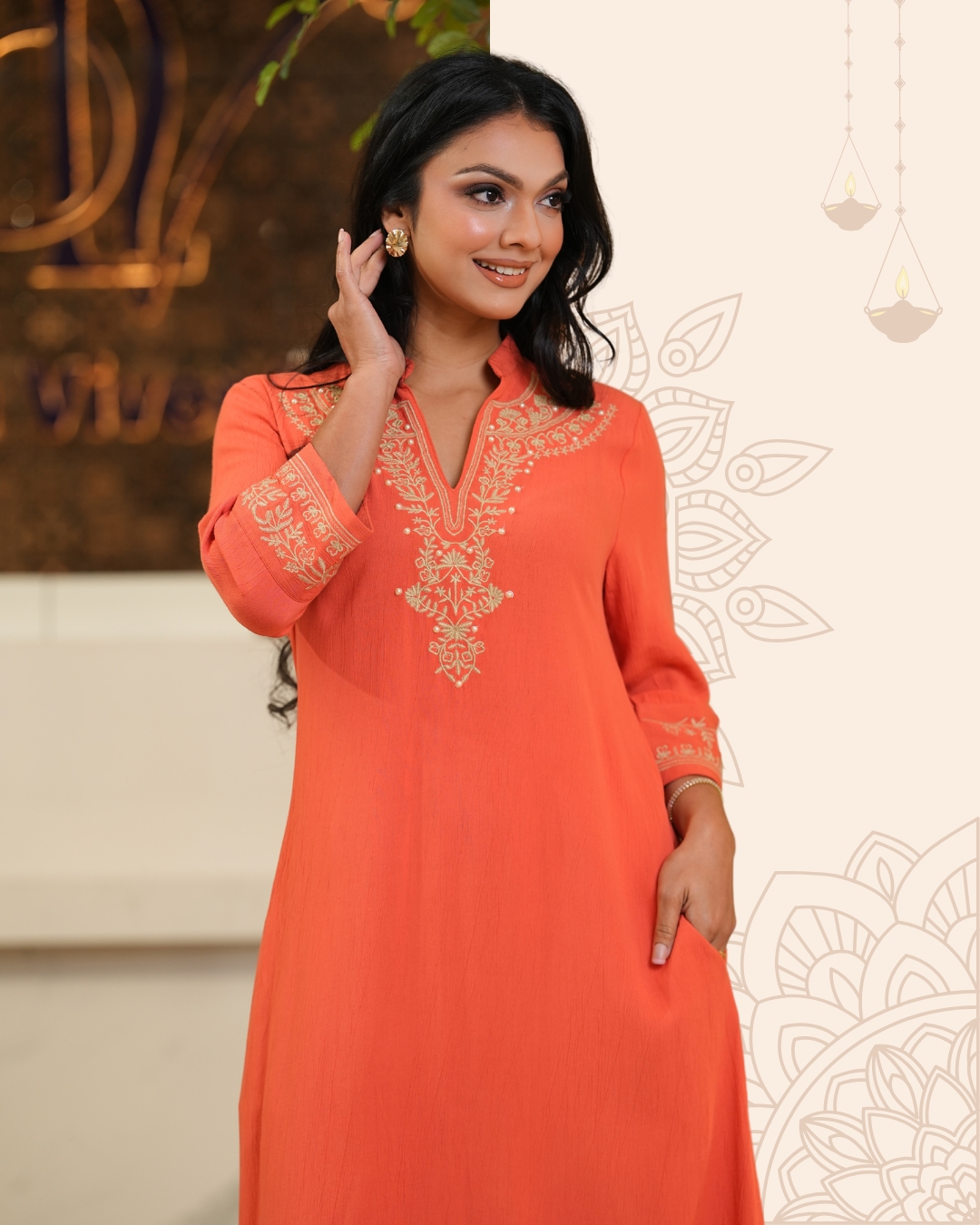 Collared V-Neck and Sleeve Embroidery Midi Dress - Image 2