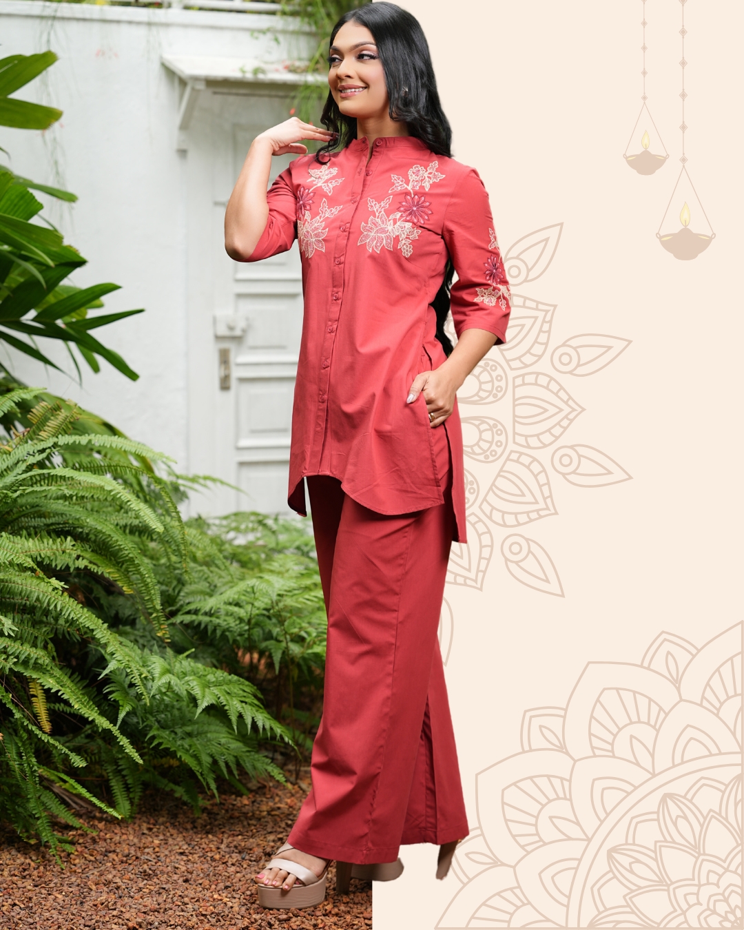 Button-Down Embroidery Asymetrical Kurta Top and Pant Set - Image 4
