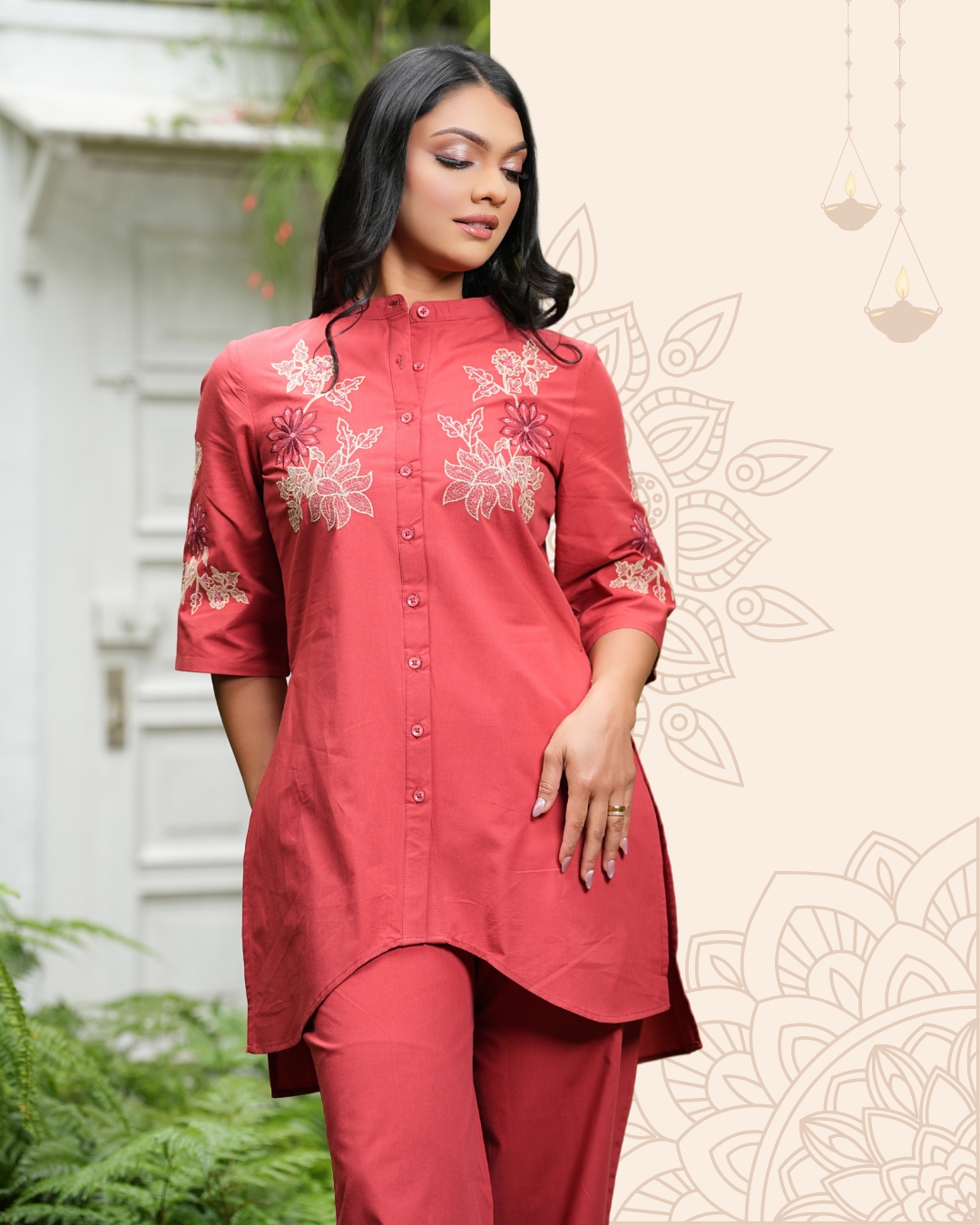 Button-Down Embroidery Asymetrical Kurta Top and Pant Set - Image 3