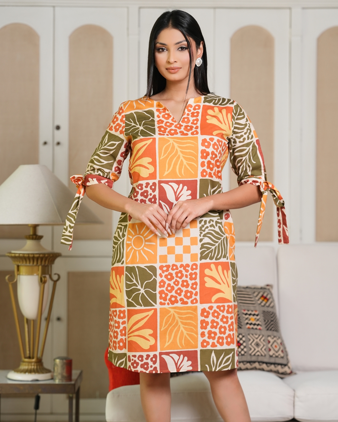 Sleeve Tied-Up Tropical Patterned Short Dress - Image 2