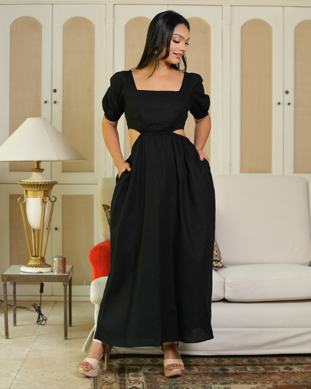 Back Zipper Detailed Waist Cut-Away Maxi Dress - Image 2