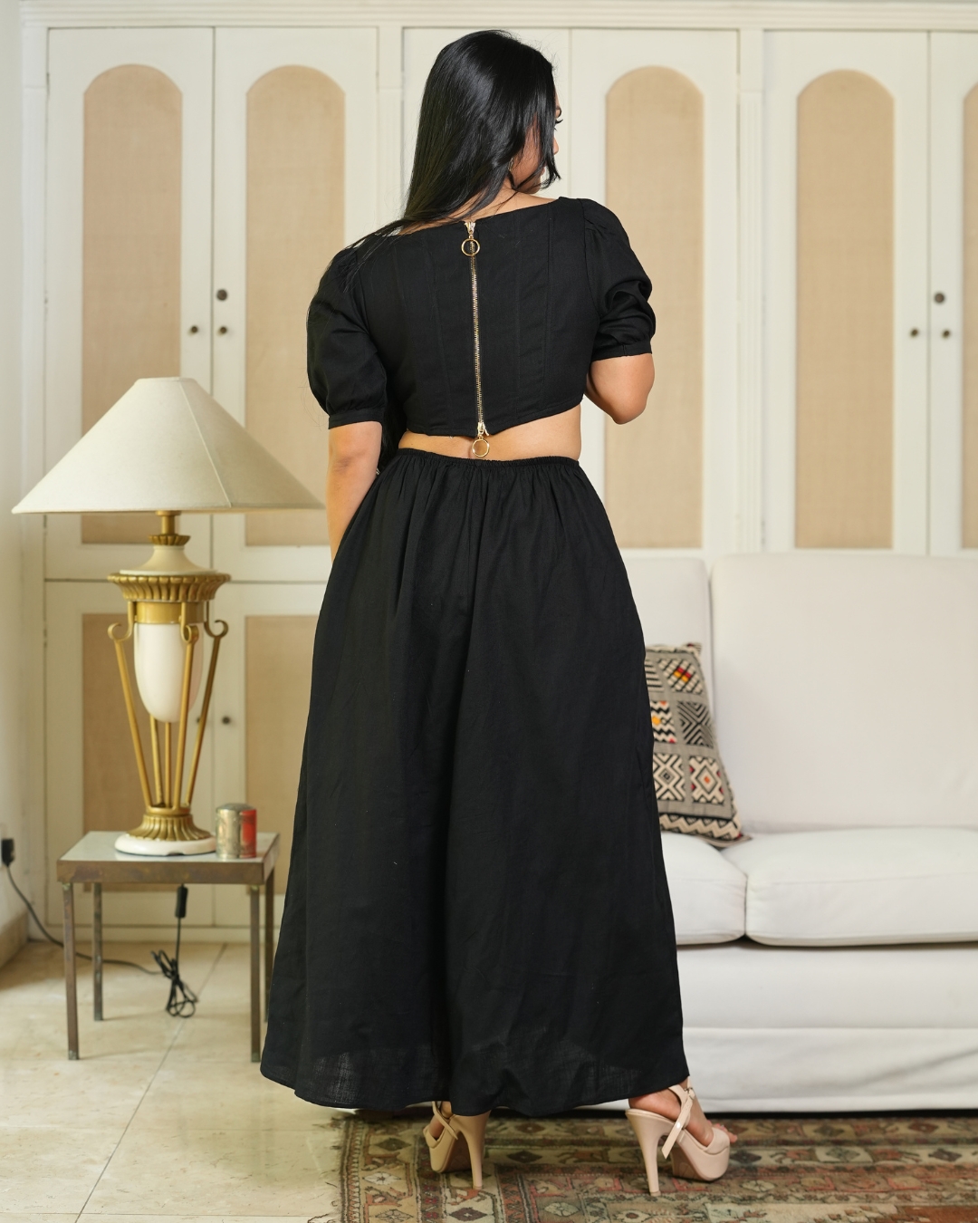 Back Zipper Detailed Waist Cut-Away Maxi Dress - Image 6