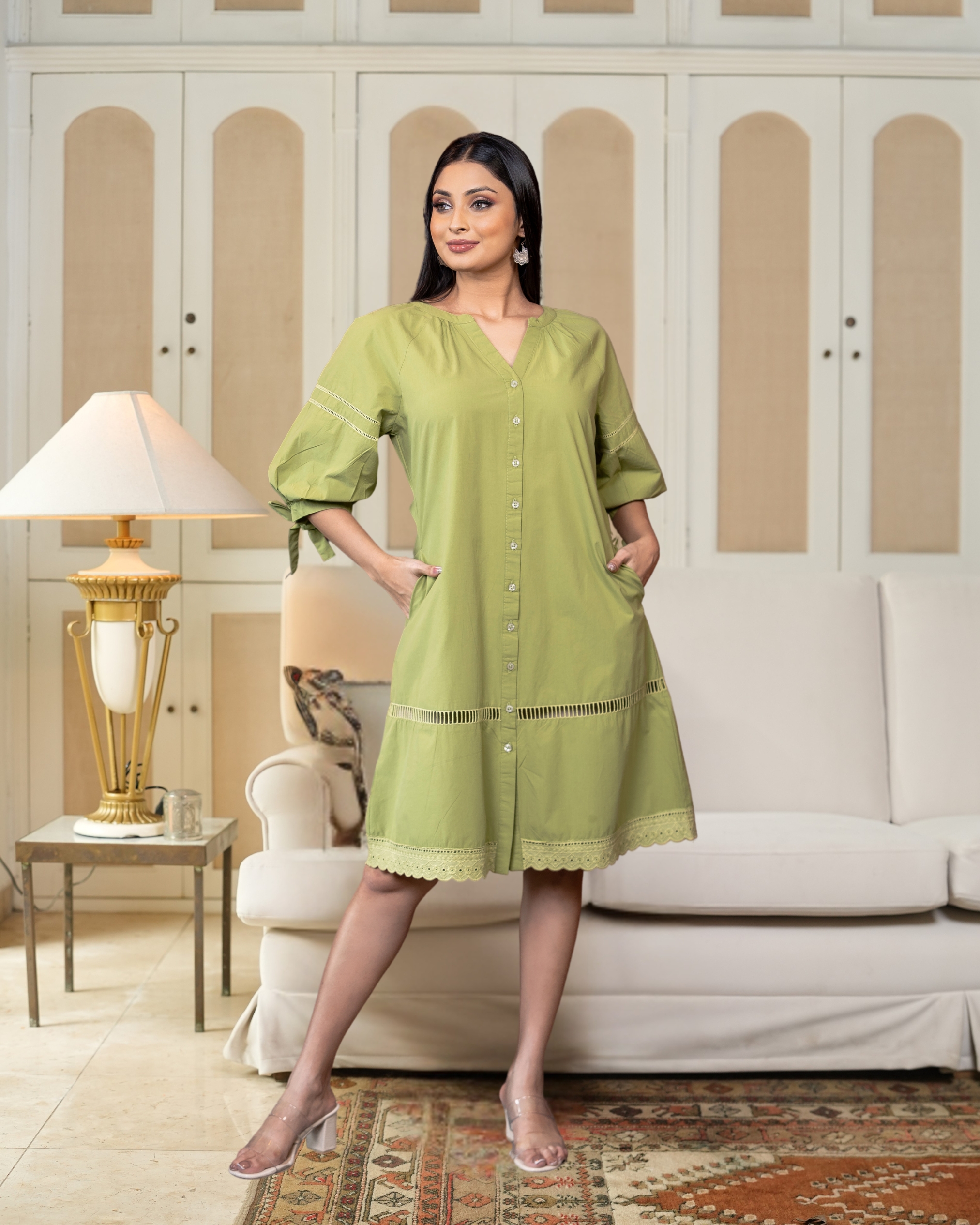 Relaxed Fit Lace Detail Tie-Up Puff Sleeve Short Dress - Image 4