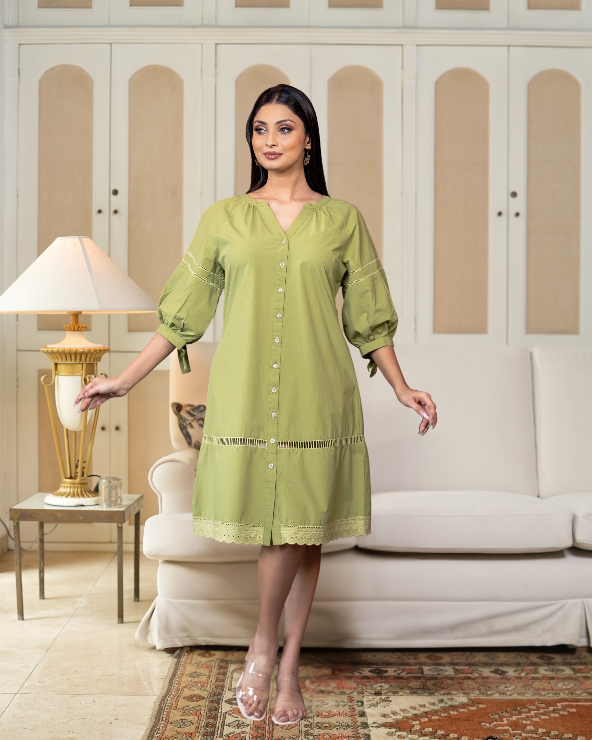 Relaxed Fit Lace Detail Tie-Up Puff Sleeve Short Dress - Image 3