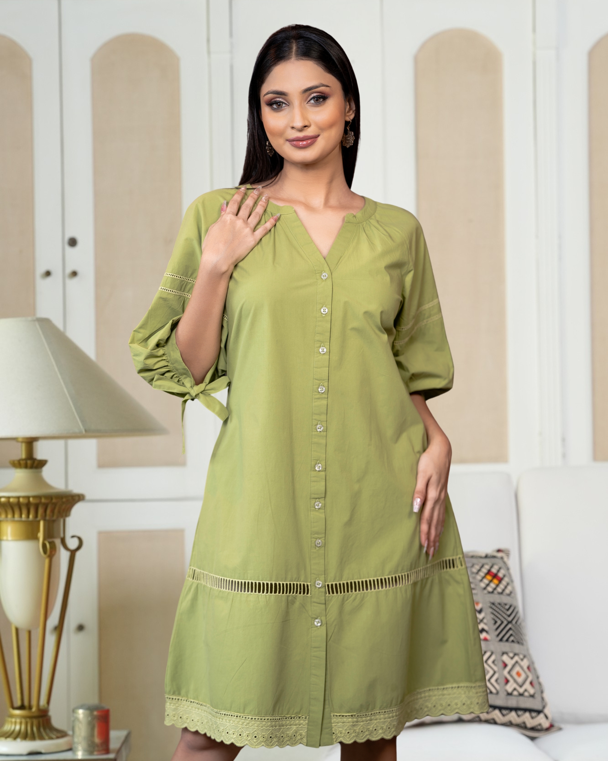 Relaxed Fit Lace Detail Tie-Up Puff Sleeve Short Dress - Image 2