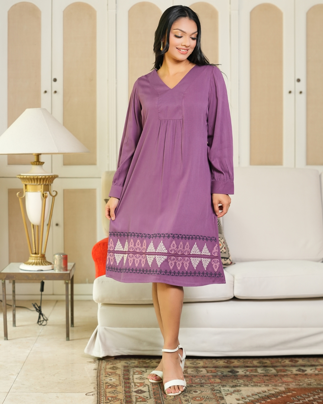 Relaxed Fit Embroidery Detail Puff Sleeve Short Dress - Image 2