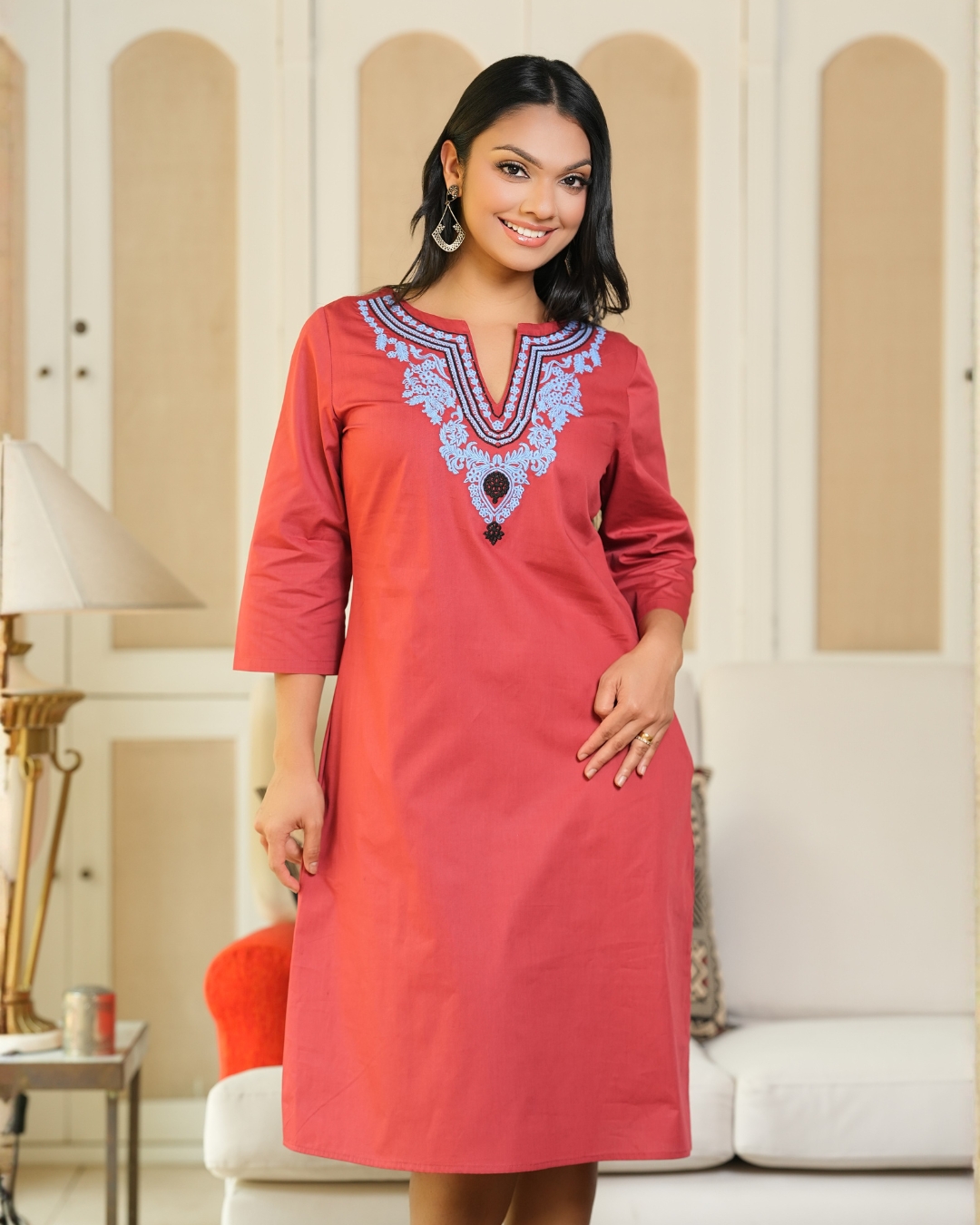 Embroidery Detail Notch Neck Short Dress - Image 2