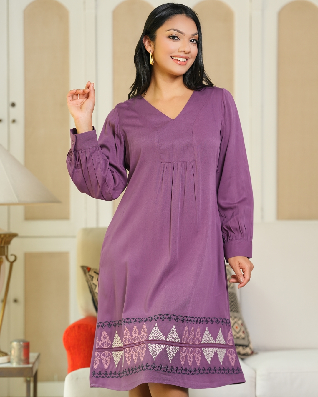 Relaxed Fit Embroidery Detail Puff Sleeve Short Dress