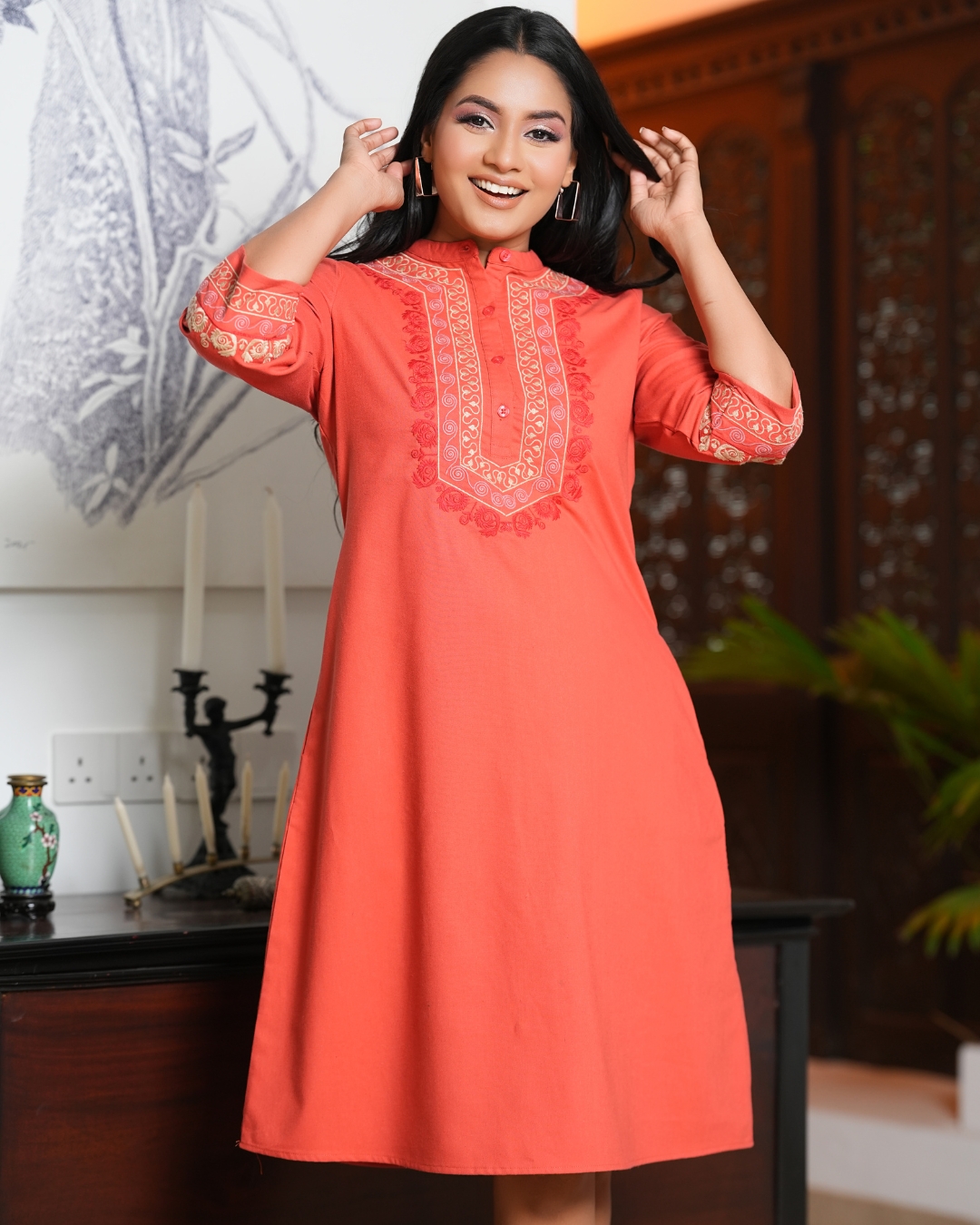 Neck Embroidered A-Line Short Dress - Image 3