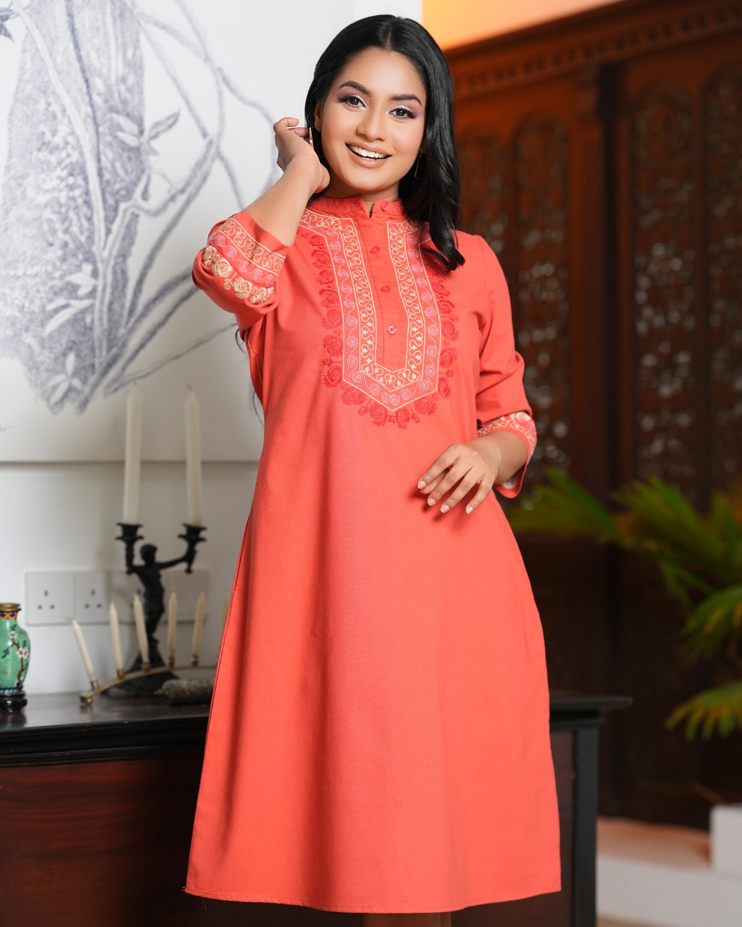 Neck Embroidered A-Line Short Dress - Image 2