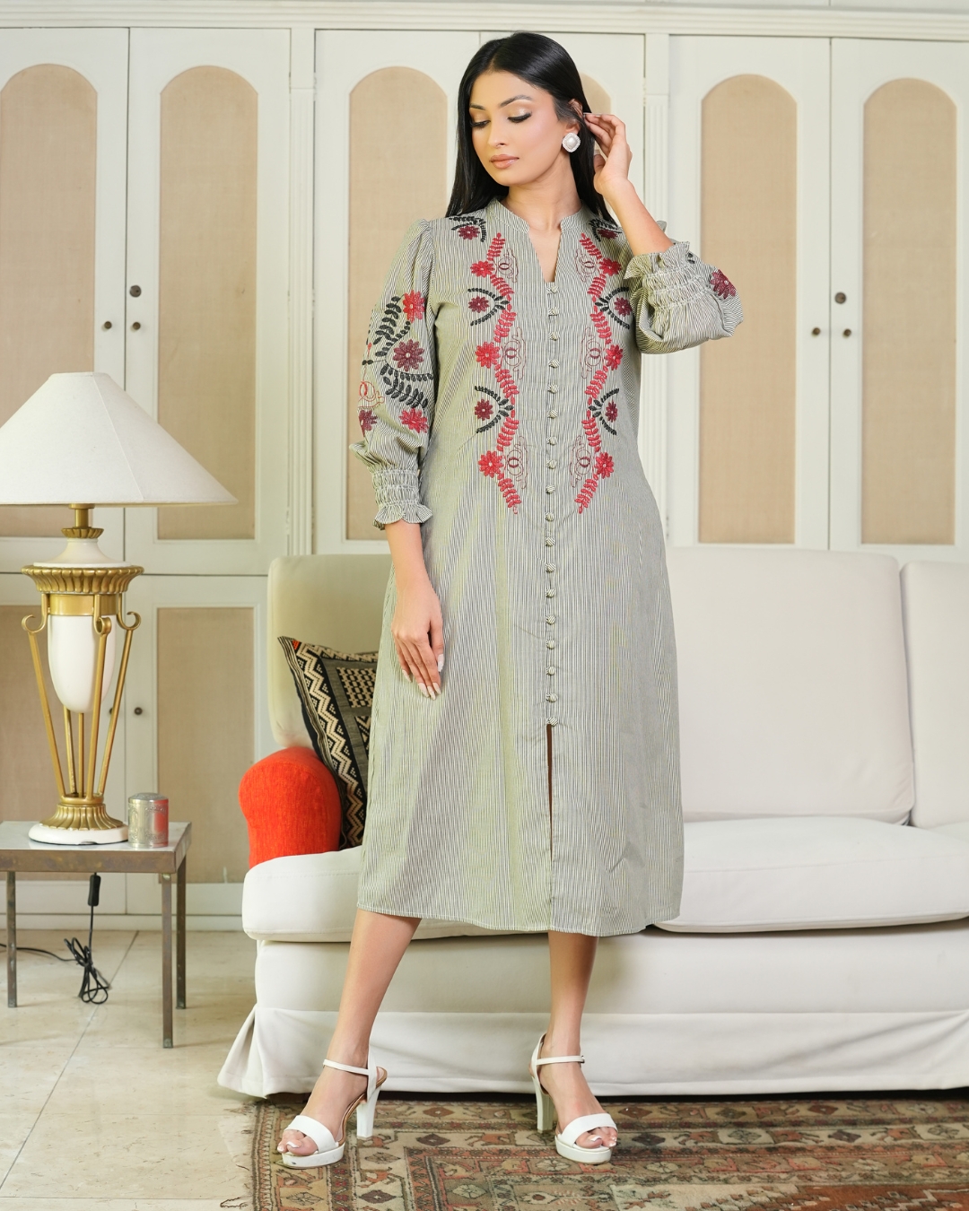 Floral Embroidered Striped Button Up Midi Dress - Image 4