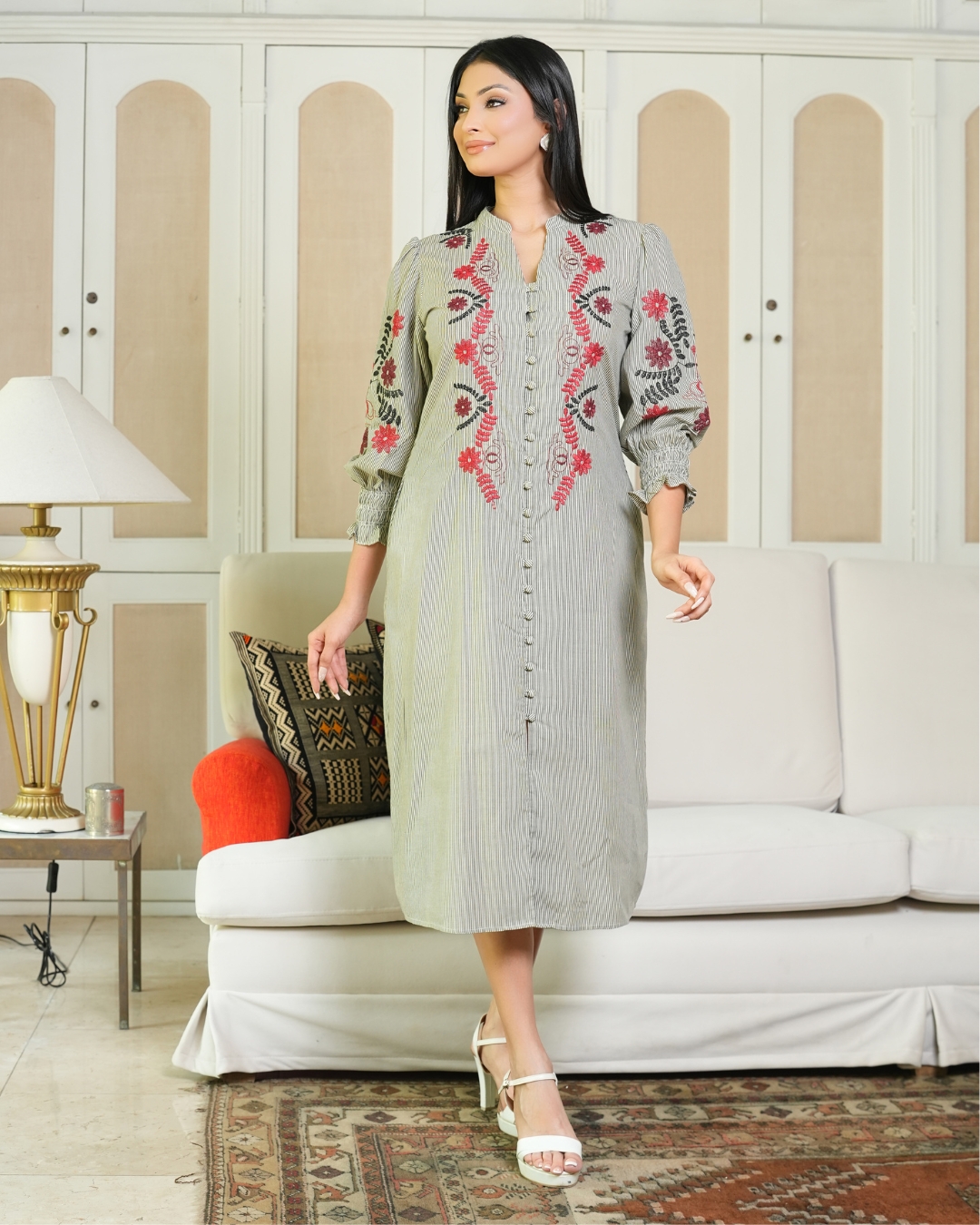 Floral Embroidered Striped Button Up Midi Dress - Image 3