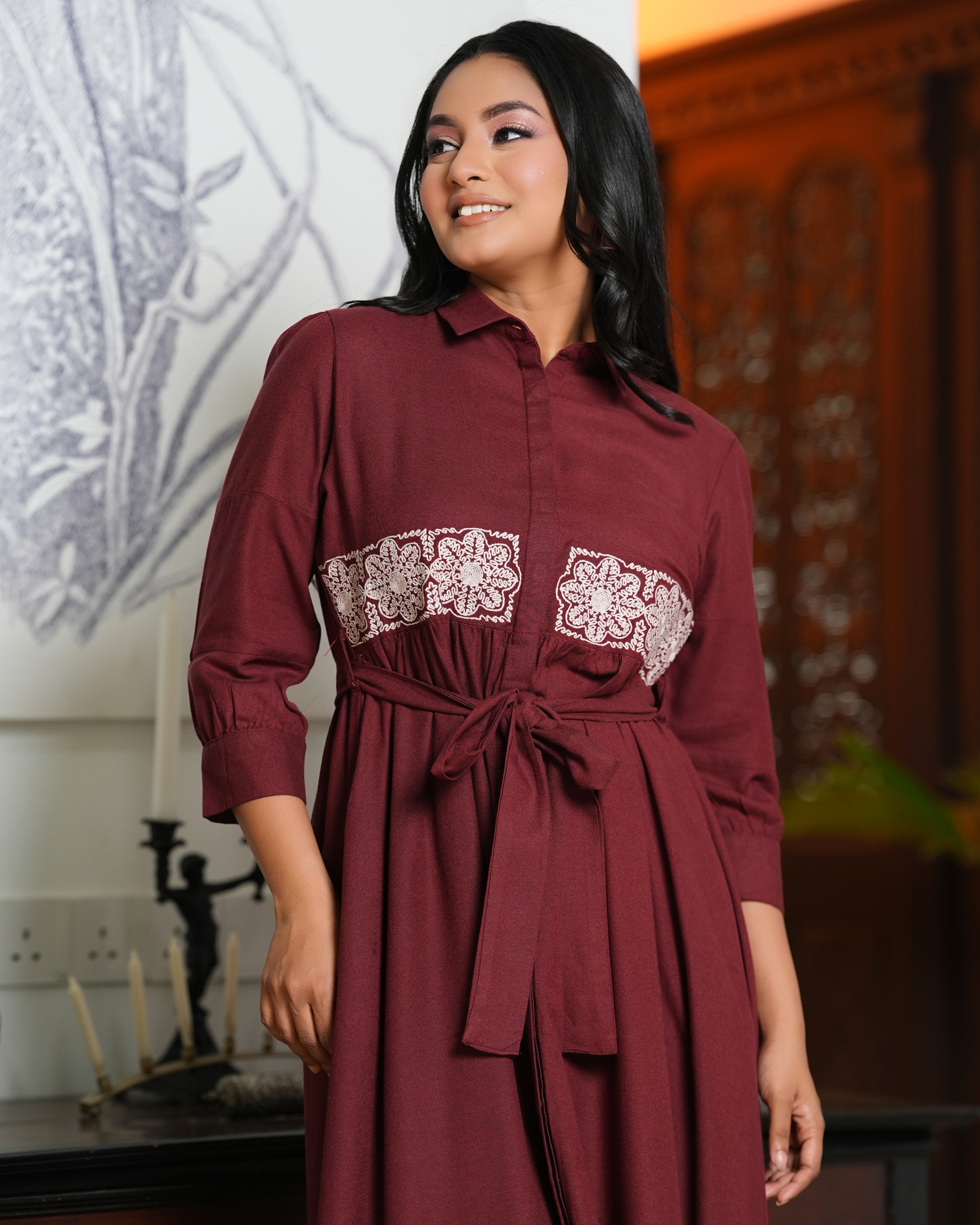 Embroidery Detail Belted Maxi Shirt Dress - Image 2