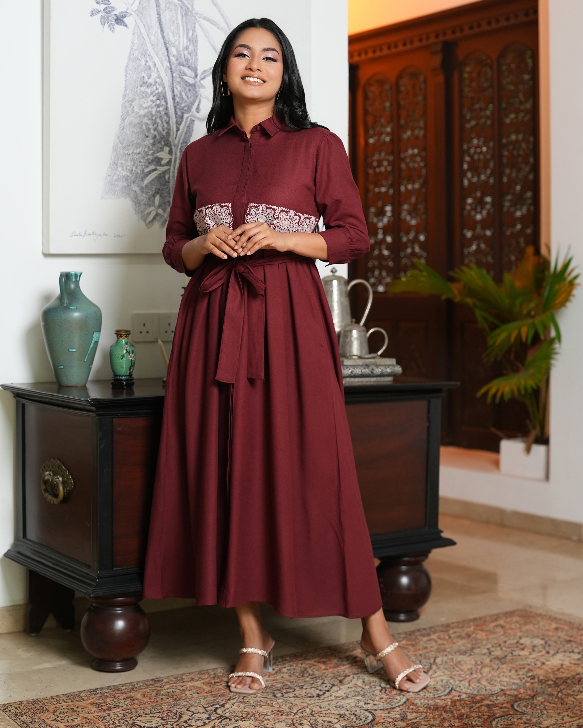 Embroidery Detail Belted Maxi Shirt Dress - Image 3