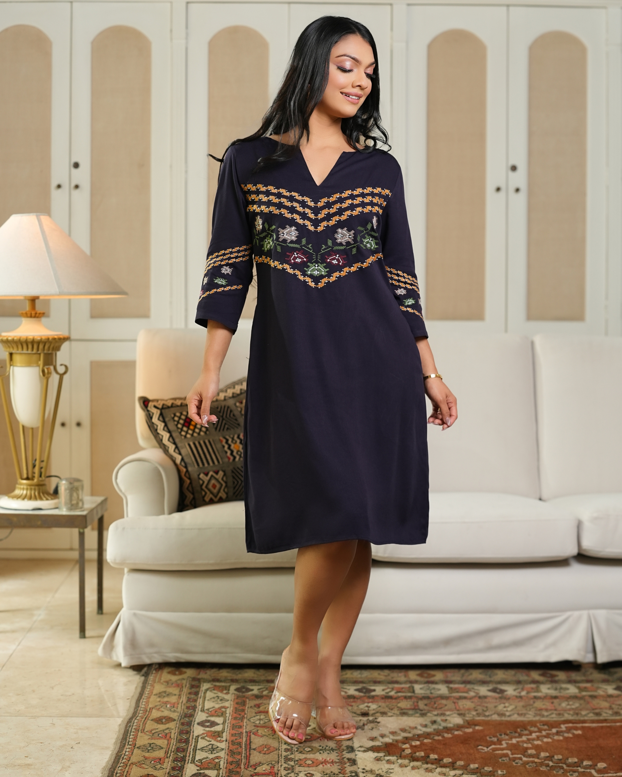 Geometric Embroidery Detail Short Dress - Image 3