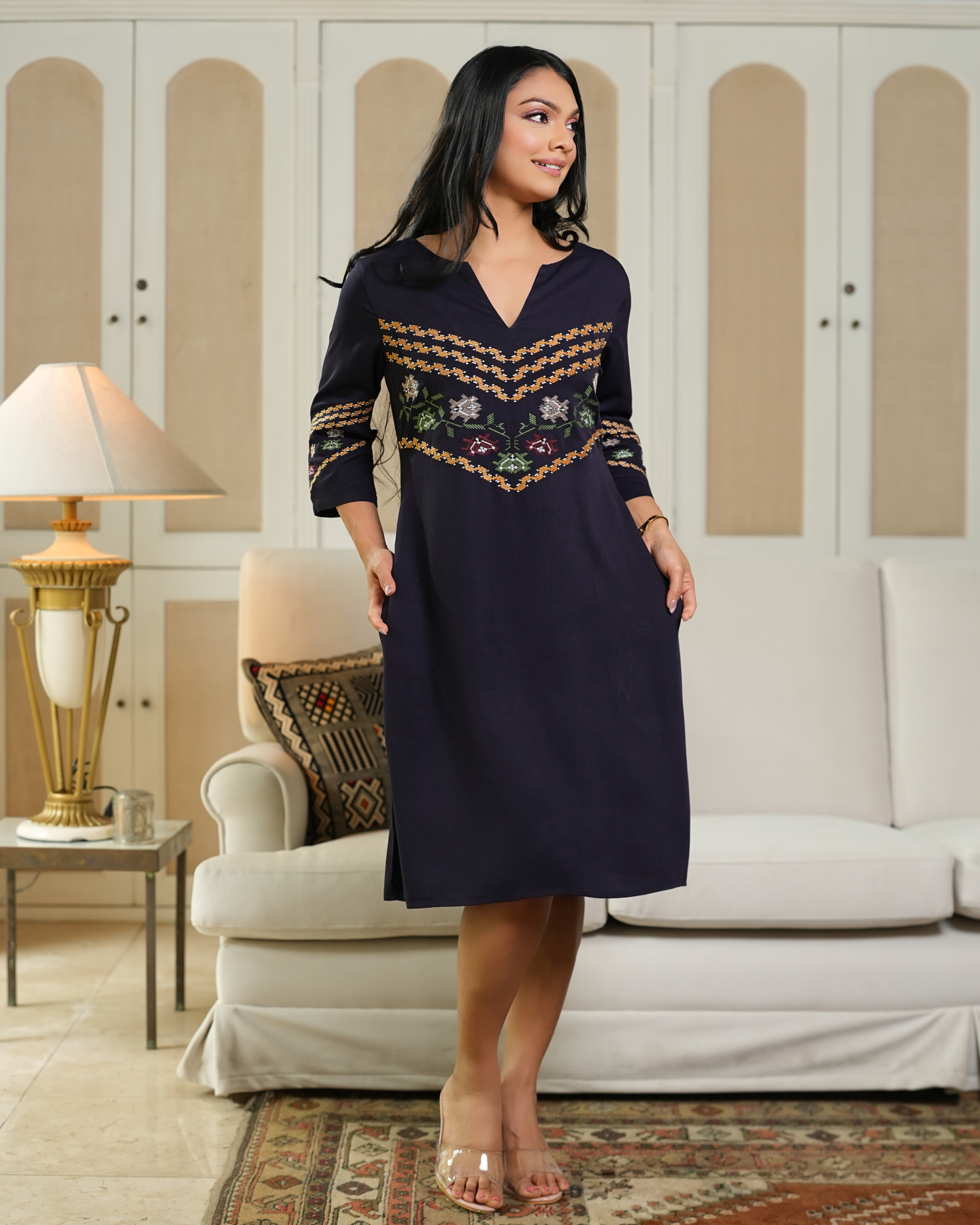 Geometric Embroidery Detail Short Dress - Image 4