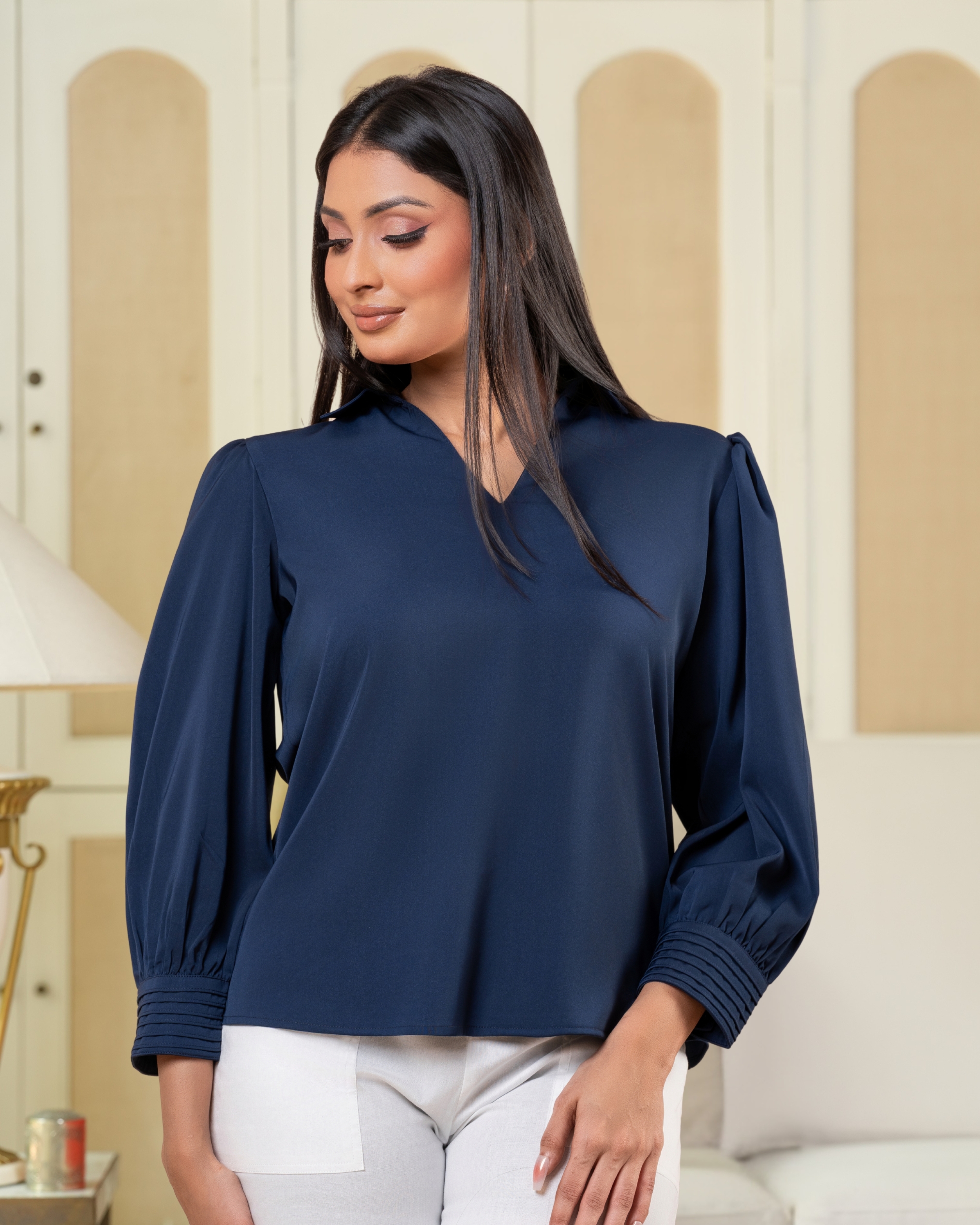 Sleeve Cuff Pintuck Detail Puff Sleeve Blouse